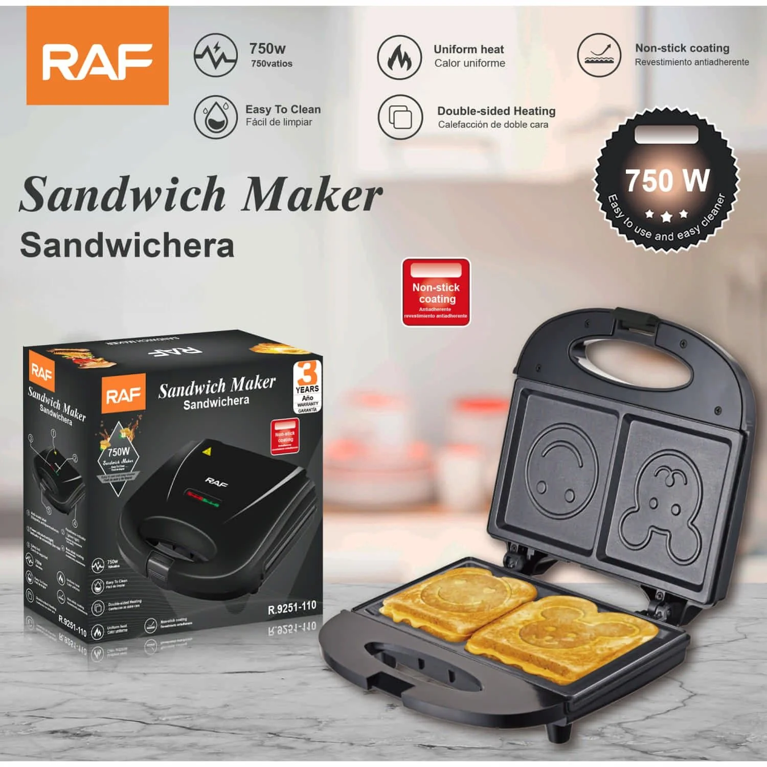 Sandwichera 750W Con Placas Antiadherentes Para Sándwiches Creativos. 110V /60Hz. Plancha Para Emparedados