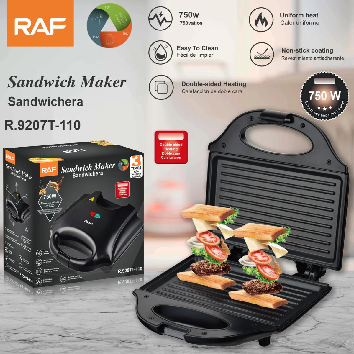 Sandwichera Eléctrica 750W 110V. Parrilla Multifuncional Antiadherente De Doble Calor Para Sándwiches Y Paninis Crujientes.