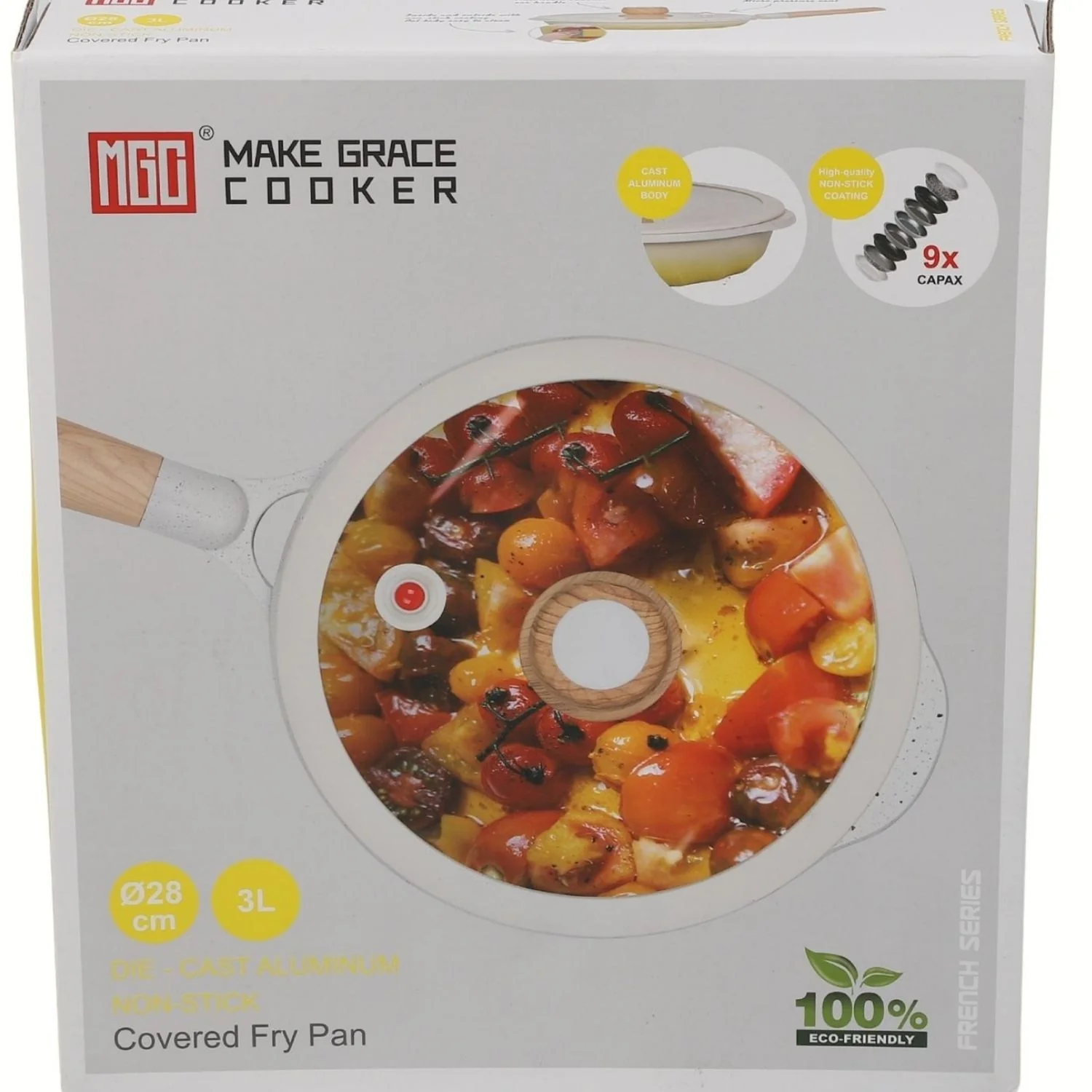 Sartén Antiadherente Ceramico Con Tapa De Vidrio 28Cm Color Blanco Con  Mango De Madera, 100% Libre De Teflon - Image 4