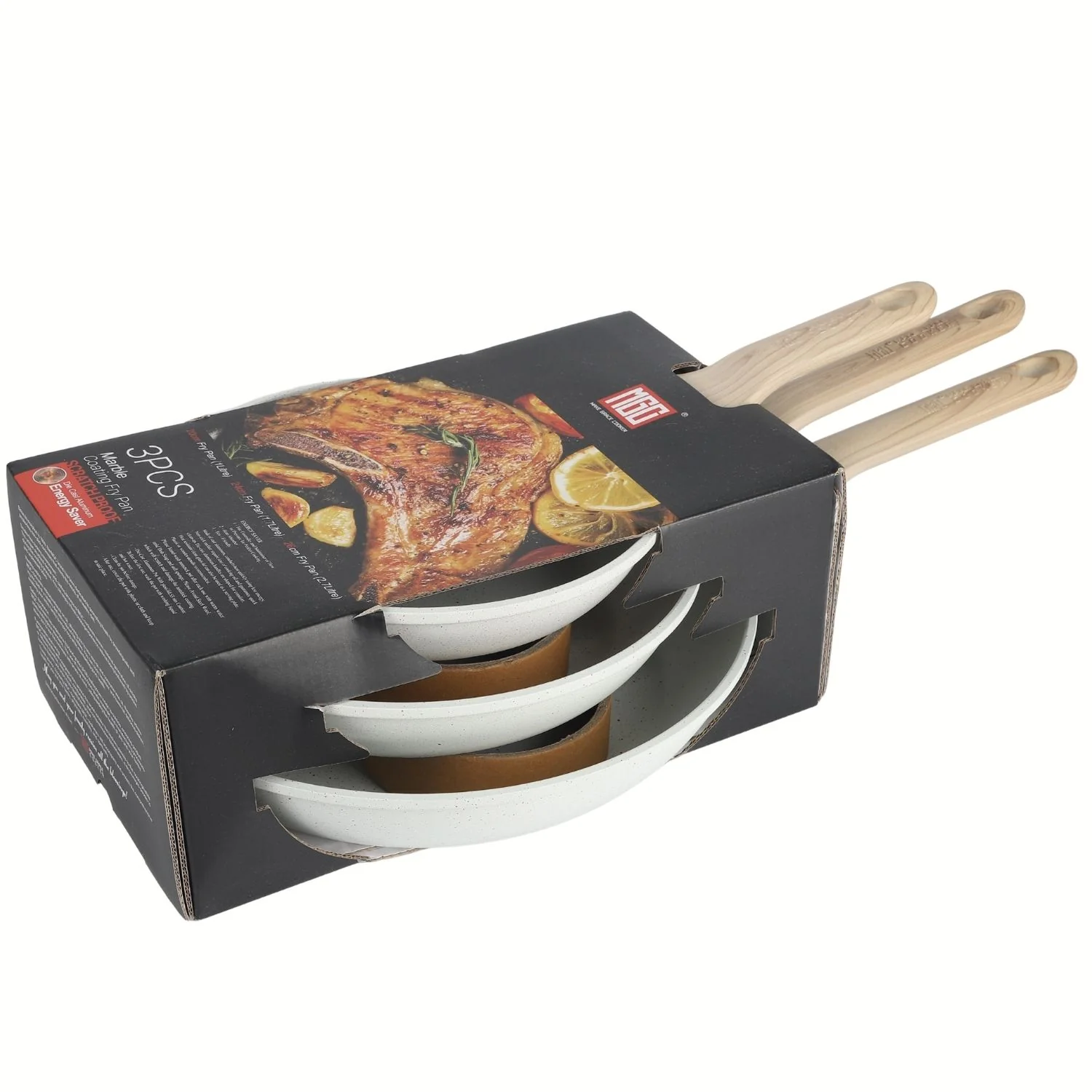 Sartenes Antiadherentes Granito Blanco Tamaño 20-24-28Cm Aluminio Forjado Con Mango Efecto Madera Eco-Friendly. Set De 3 Piezas. 100% Libre De Teflon - Image 2