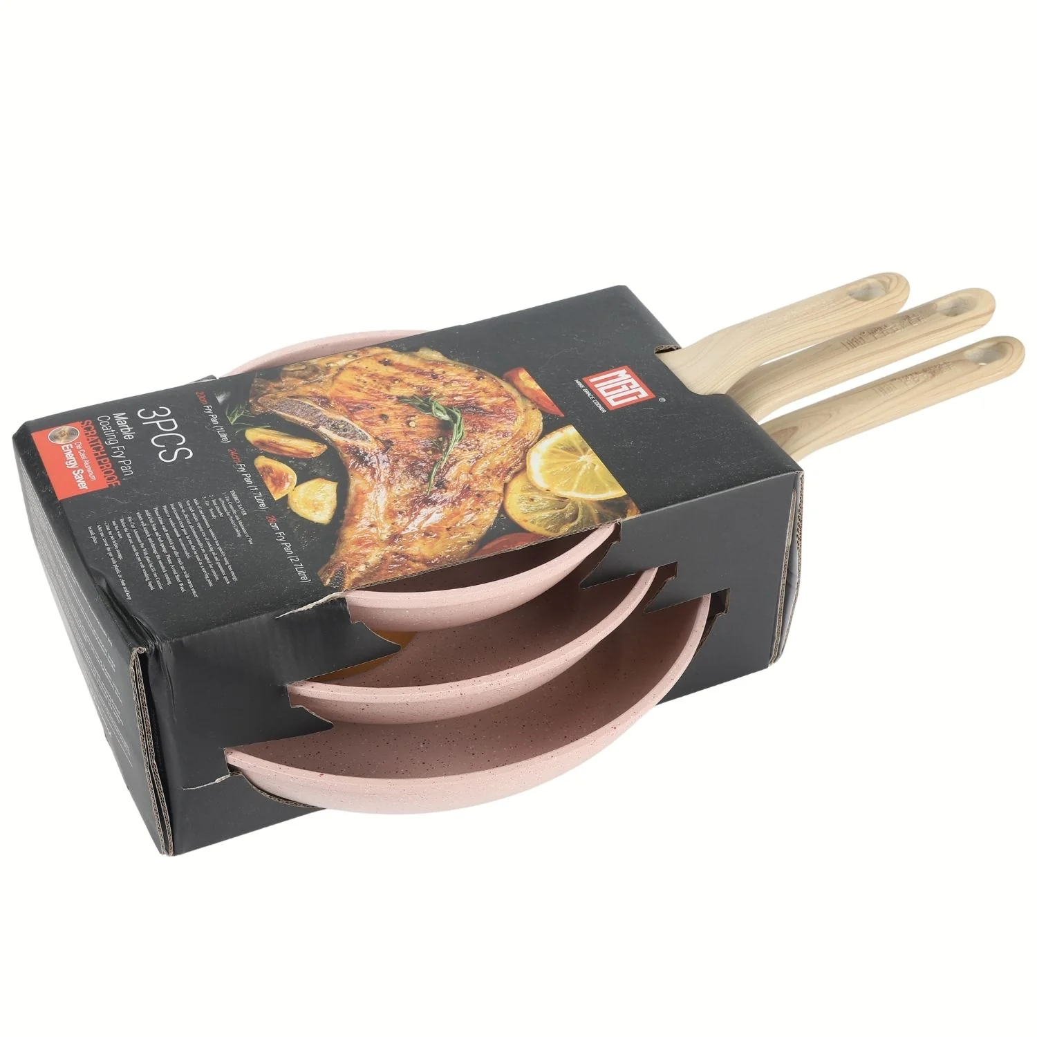 Sartenes Antiadherentes Granito Color Rosa Tamaño 20-24-28Cm Aluminio Forjado Con Mango Efecto Madera 100% Libre De Teflon Set De 3 Piezas. - Image 2