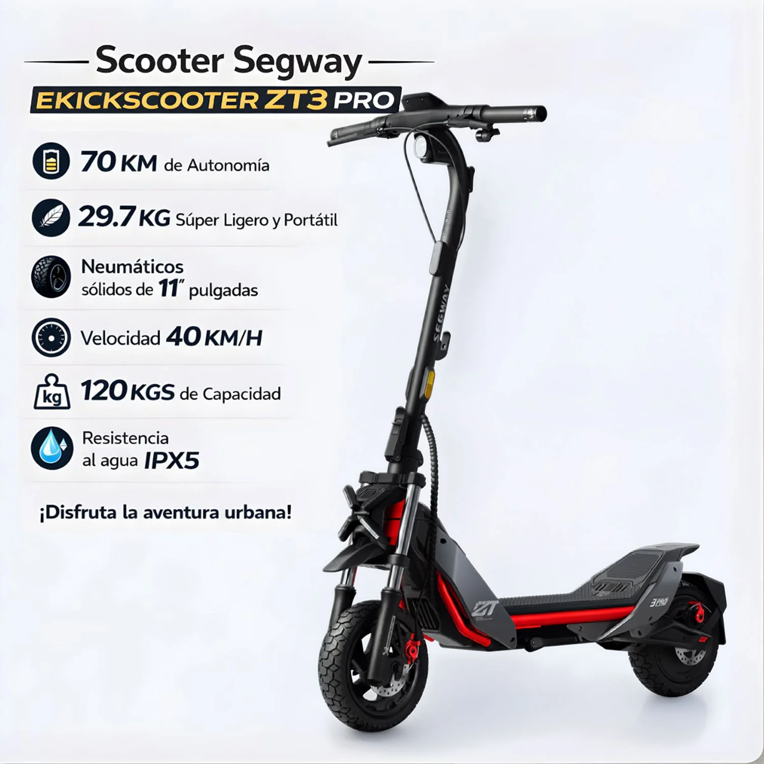 Scooter Segway Ekickscooter ZT3 Pro Monopatín. Autonomía 70 Km.