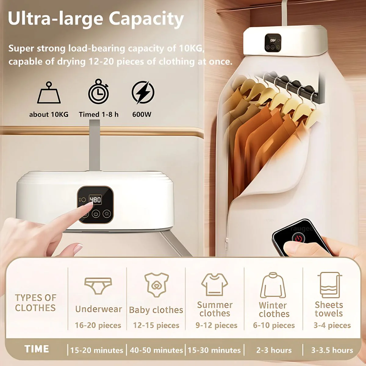 Secador De Ropa Portátil Con Control Remoto, Esterilización UV Y Temporizador. 600W Secadora De Prendas. Ideal Para Apartamentos. - Image 3