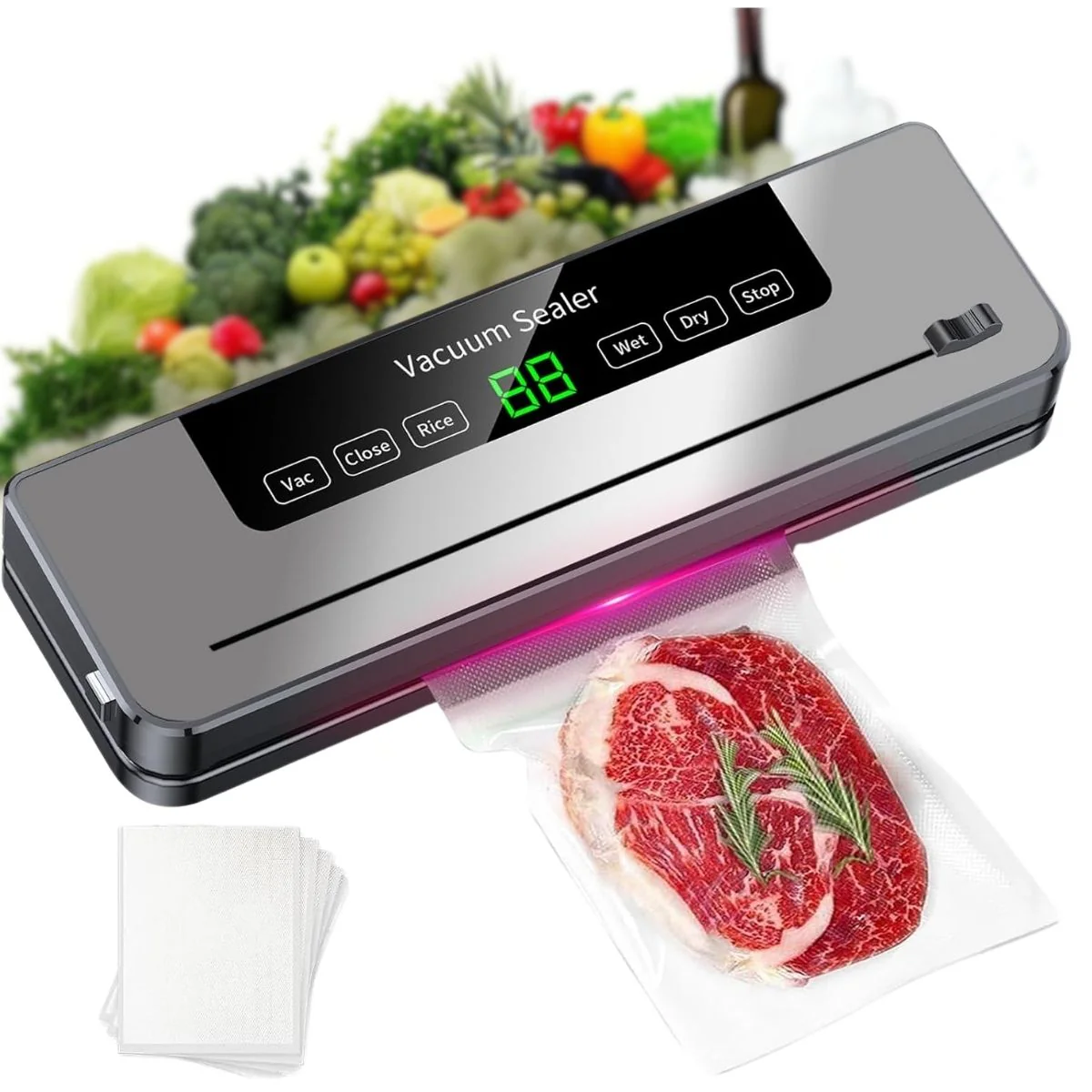 Sellador Al Vacío Con Esterilización UV Para Alimentos De ABS Resistente De 120W Con Medidas 14.5X3x 2.5" (36.8X7.6X6.3Cm). Incluye 10 Bolsas