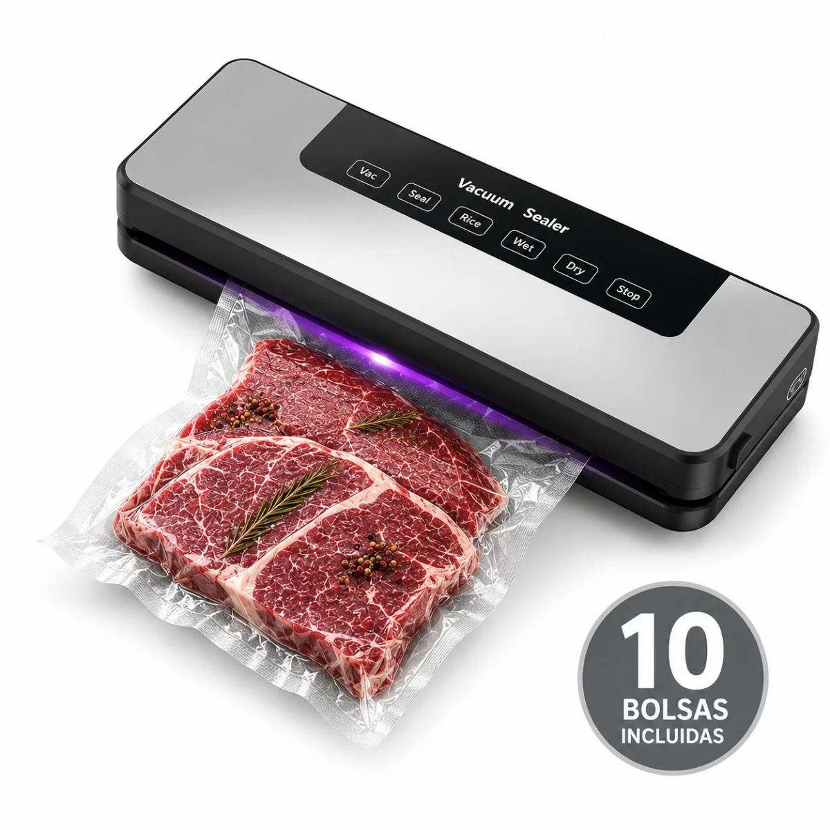 Selladora Al Vacío Con Esterilización UV Para Alimentos 65KPA. Empacadora Hermética Con Función Externa Y Panel Táctil (35X11x5.5Cm). Incluye 10 Bolsas.