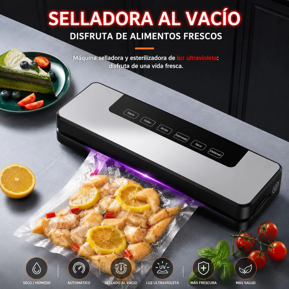Selladora Al Vacío Con Esterilización UV Para Alimentos 65KPA. Empacadora Hermética Con Función Externa Y Panel Táctil (35X11x5.5Cm). Incluye 10 Bolsas. - Image 2