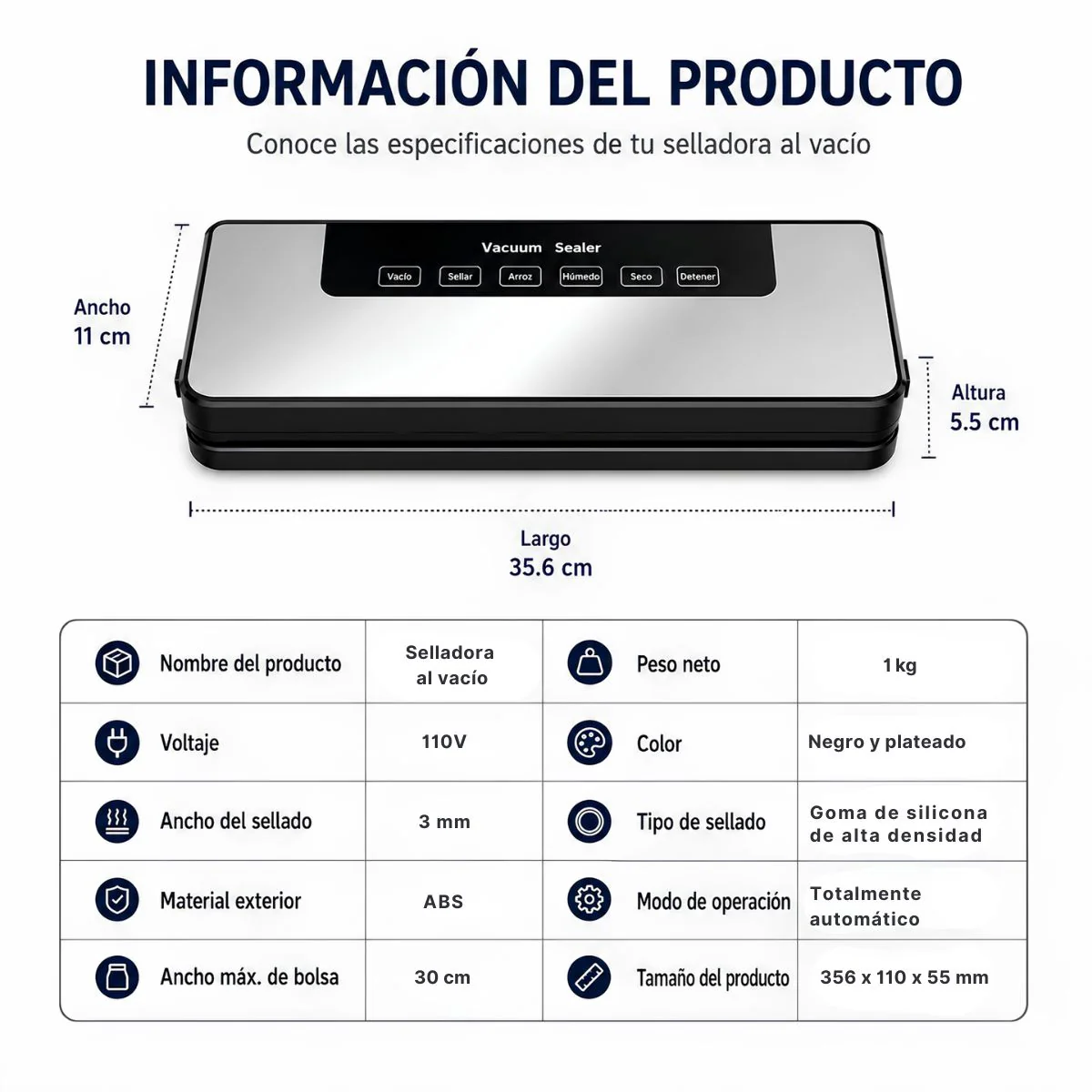Selladora Al Vacío Con Esterilización UV Para Alimentos 65KPA. Empacadora Hermética Con Función Externa Y Panel Táctil (35X11x5.5Cm). Incluye 10 Bolsas. - Image 5