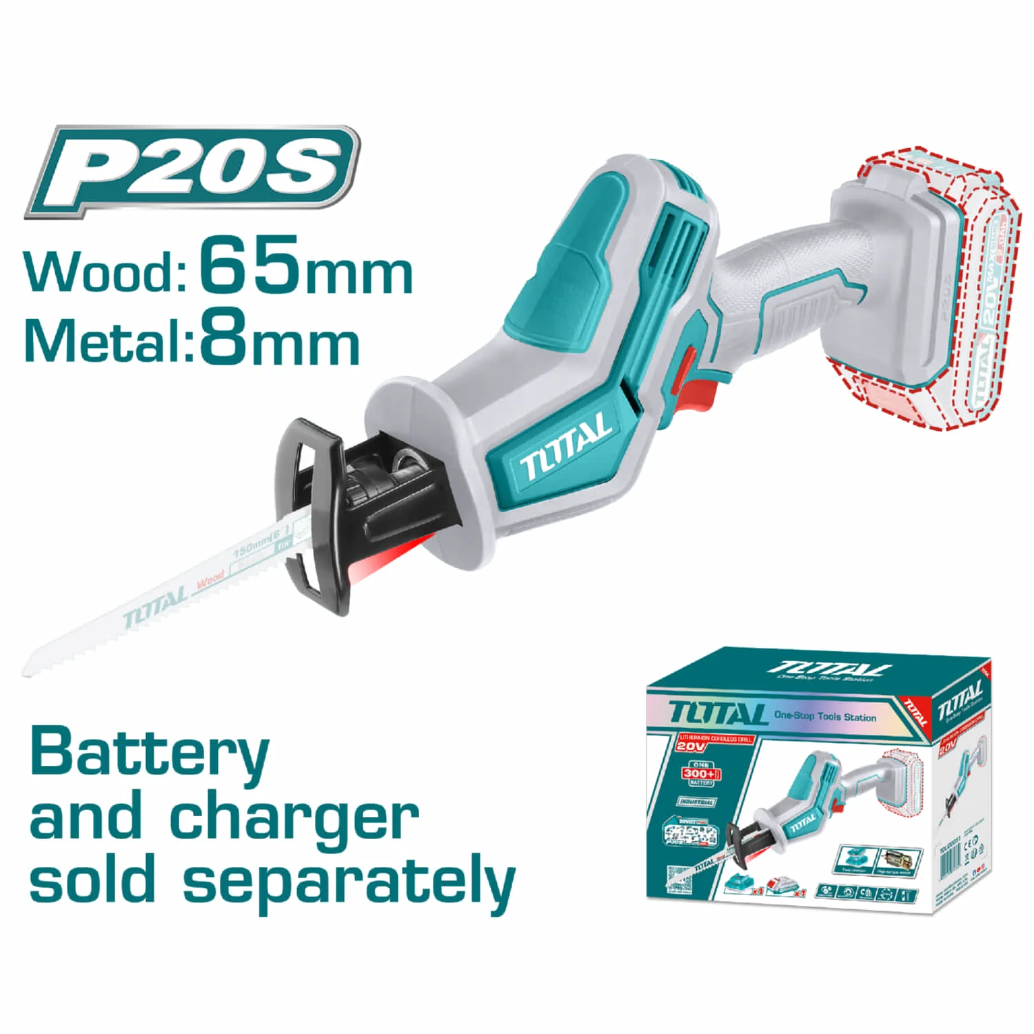 Sierra Sable Reciproca 20V 3200Rpm. Corta Metal Y Madera. Batería Y Cargador Por Separado.