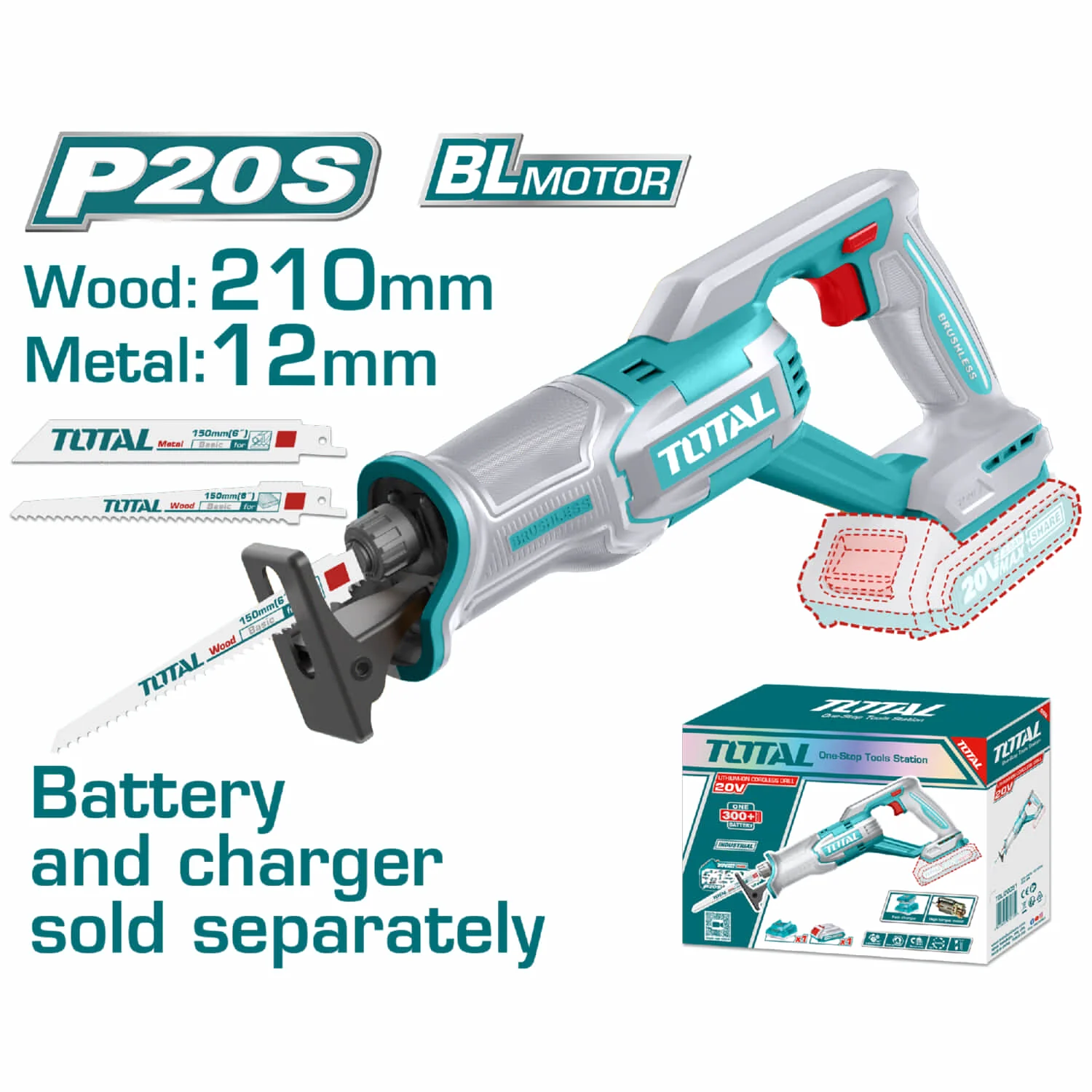 Sierra Sable Recíproca Inalámbrica 20V. Velocidad Sin Carga: 0-2800Rpm. Capacidad De Corte: 8 Mm Metal - 115 Mm Madera. No Incluye Batería Ni Cargador.