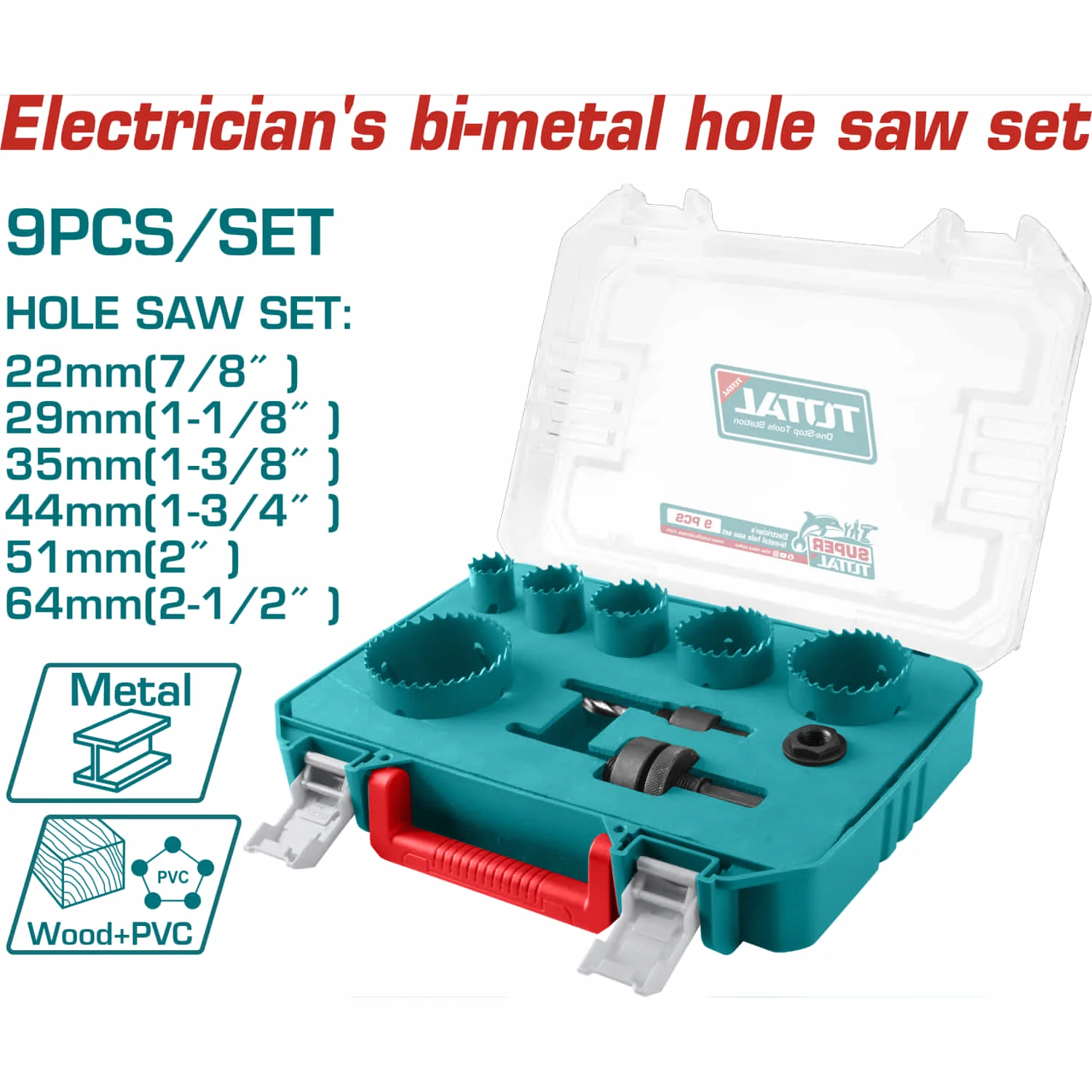 Sierras Brocas Cilindricas Perforadoras Bimetálicas HSS M3 Adaptadores Hexagonales Y Rosca. Tamaño De 22Mm A 64Mm Para Cortes Precisos En Metal Y Madera. Set De 9 Piezas. - Image 2