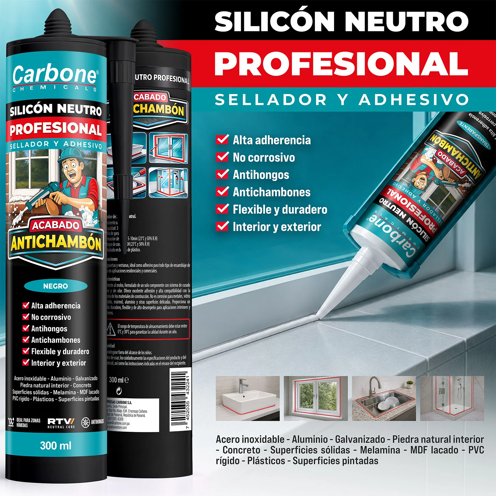 Silicón Neutro Negro Multipropósito Resistente A Rayos UV 300 Ml Calidad Profesional. Sellador Silicona.