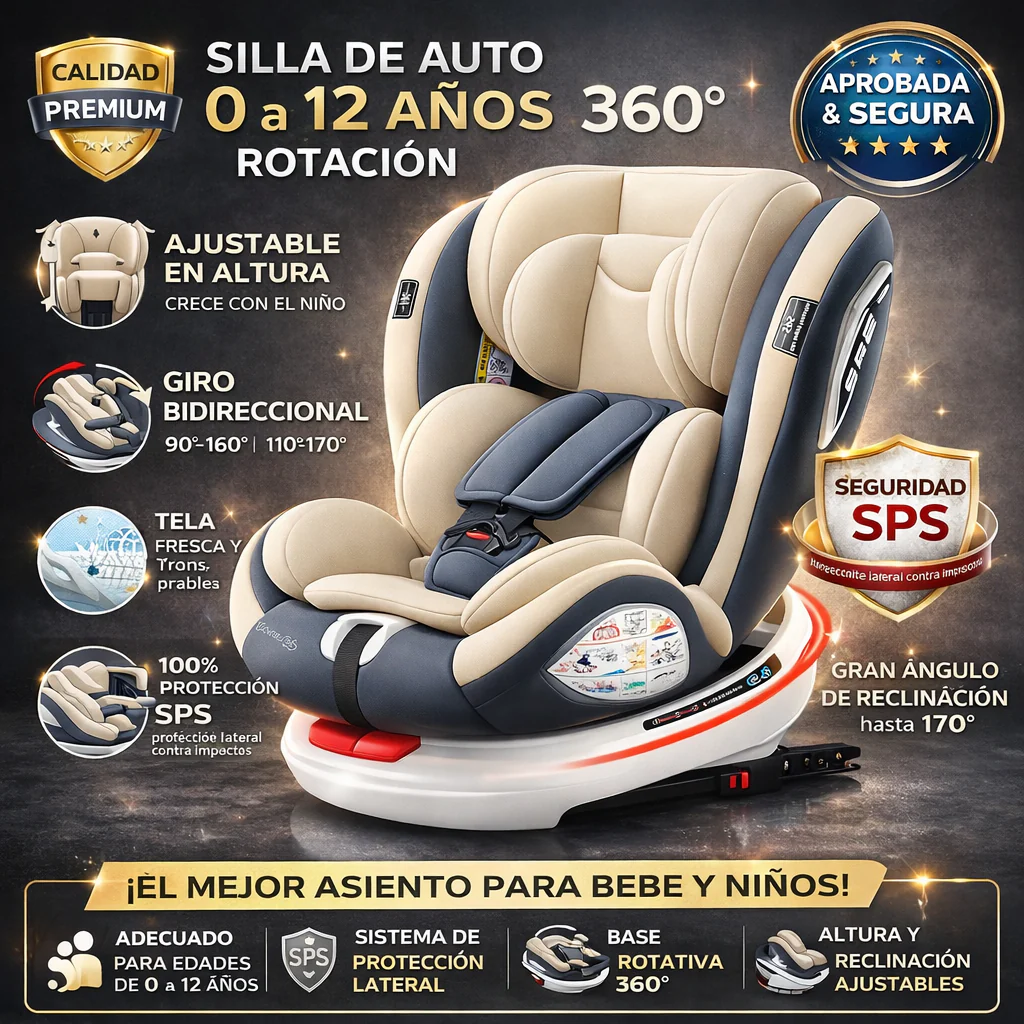 Silla De Auto Para Bebé Isofix 360° Reclinable Hasta 170°. Asiento De Seguridad Infantil Convertible De 0 A 12 Años.
