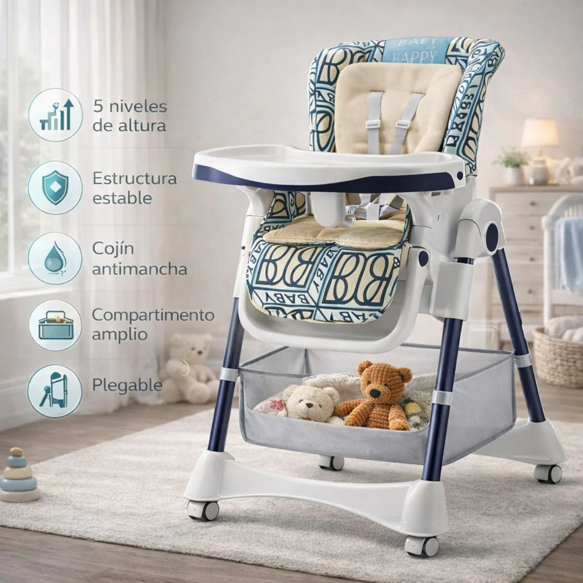 Silla De Comer Para Bebés Y Niños. Trona Evolutiva Con Altura Ajustable Y Ruedas. Silla De Alimentación. Silla Alta Multifuncional Plegable.