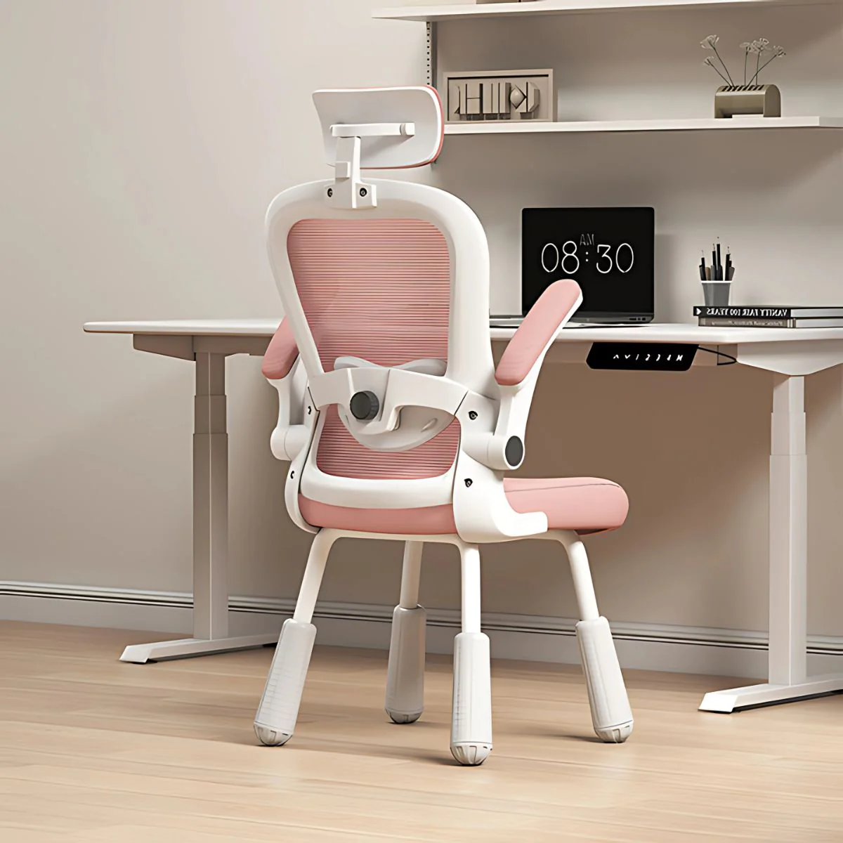 Silla De Escritorio De 4 Patas, Asiento Reclinable Ergonómico, Cómoda Silla De Computadora, Color Blanco Y Rosado Para Escritorio.