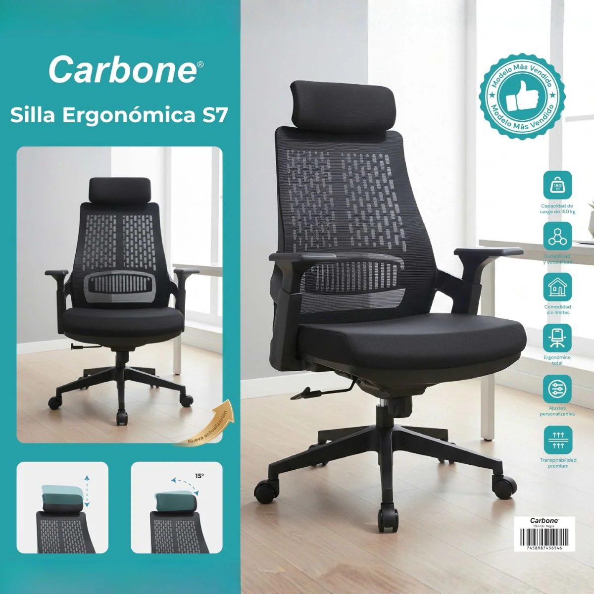 Silla De Oficina Ergonómica Con Reposacabezas De Malla Y Respaldo Transpirable. Silla De Escritorio Con Brazos Fijos Y Ruedas Nylon. Color Negro