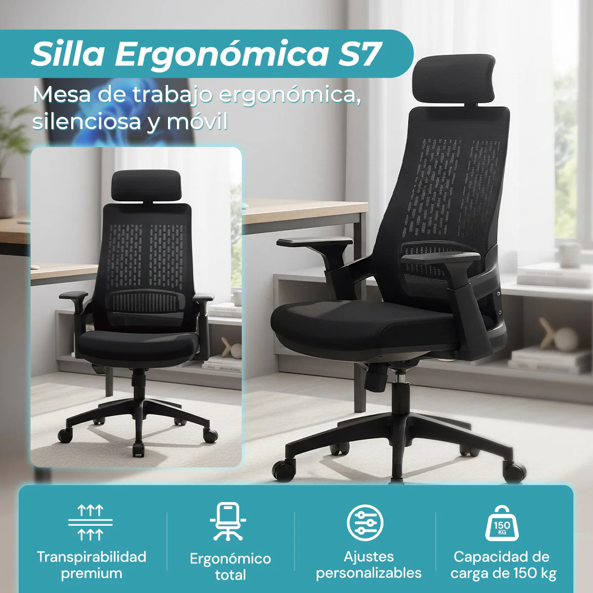 Silla De Oficina Ergonómica Con Reposacabezas De Malla Y Respaldo Transpirable. Silla De Escritorio Con Brazos Fijos Y Ruedas Nylon. Color Negro - Image 2