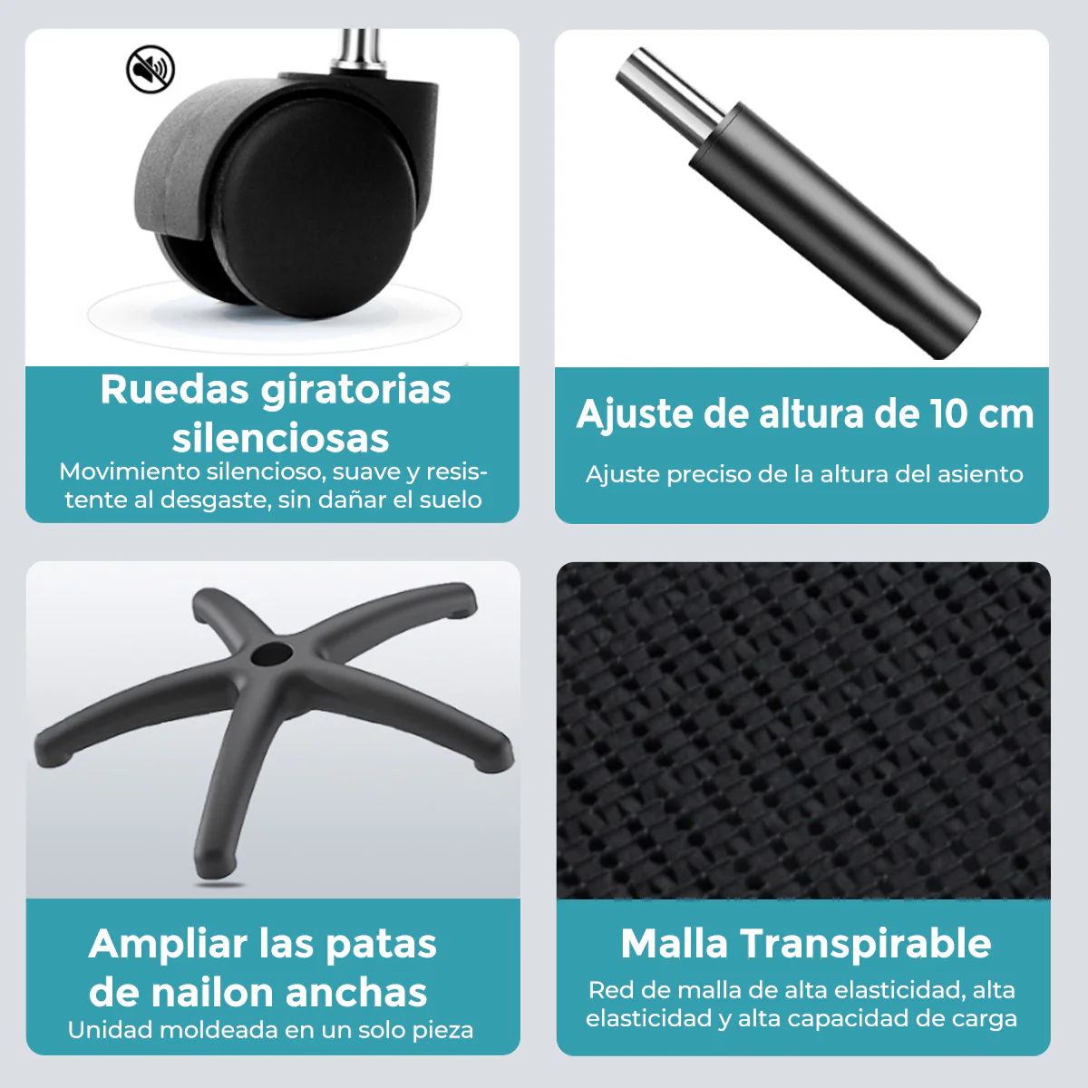 Silla De Oficina Ergonómica Con Reposacabezas De Malla Y Respaldo Transpirable. Silla De Escritorio Con Brazos Fijos Y Ruedas Nylon. Color Negro - Image 3