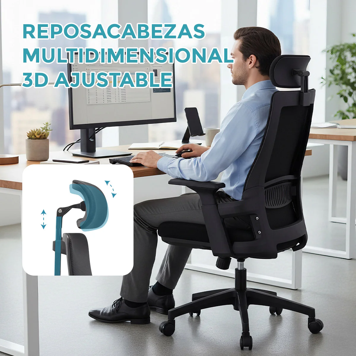 Silla De Oficina Ergonómica Con Reposacabezas De Malla Y Respaldo Transpirable. Silla De Escritorio Con Brazos Fijos Y Ruedas Nylon. Color Negro - Image 4