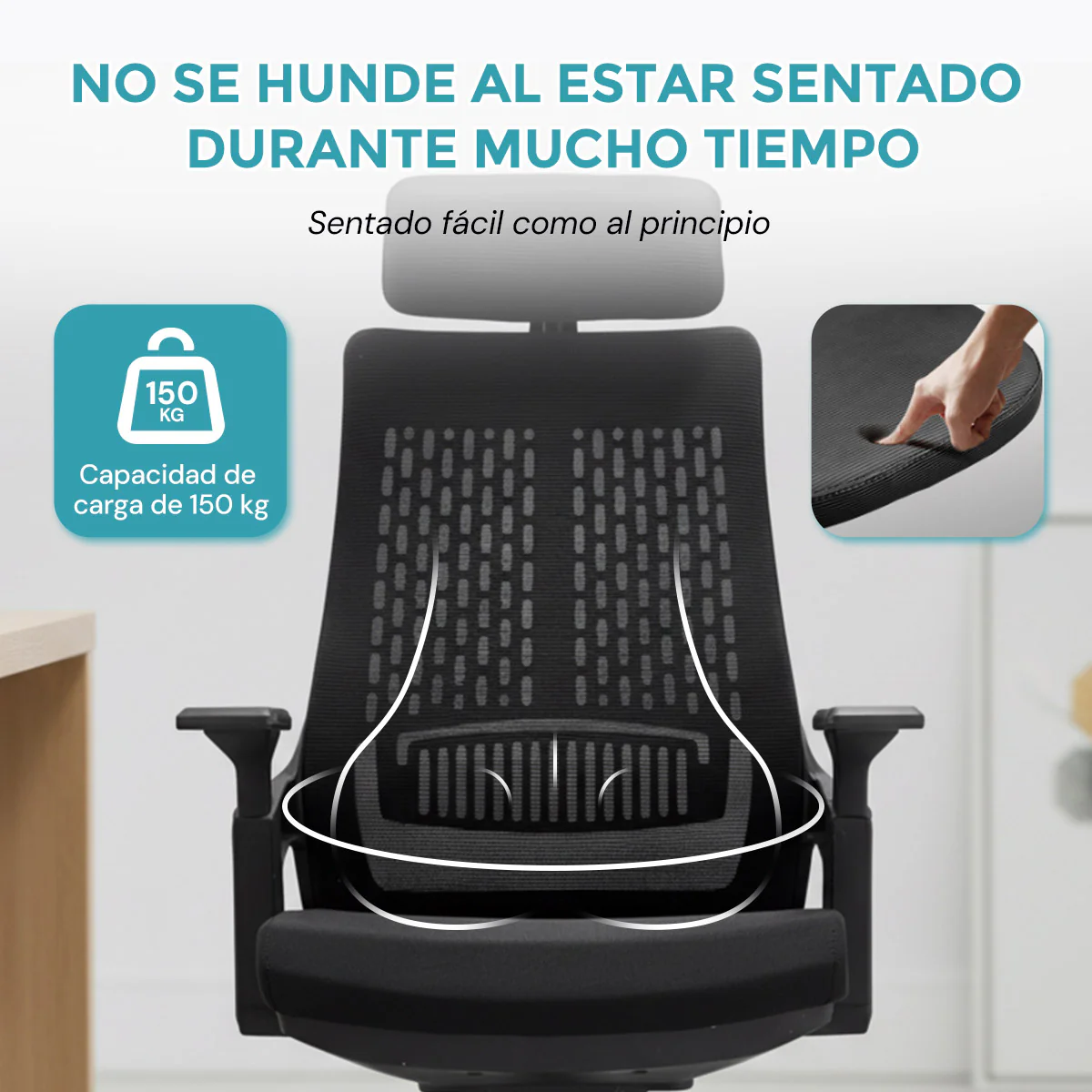 Silla De Oficina Ergonómica Con Reposacabezas De Malla Y Respaldo Transpirable. Silla De Escritorio Con Brazos Fijos Y Ruedas Nylon. Color Negro - Image 5