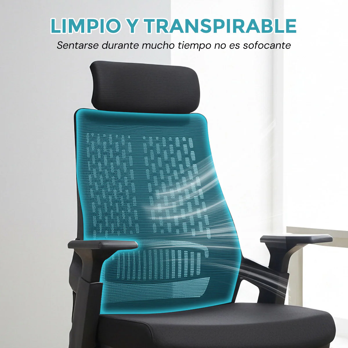 Silla De Oficina Ergonómica Con Reposacabezas De Malla Y Respaldo Transpirable. Silla De Escritorio Con Brazos Fijos Y Ruedas Nylon. Color Negro - Image 6