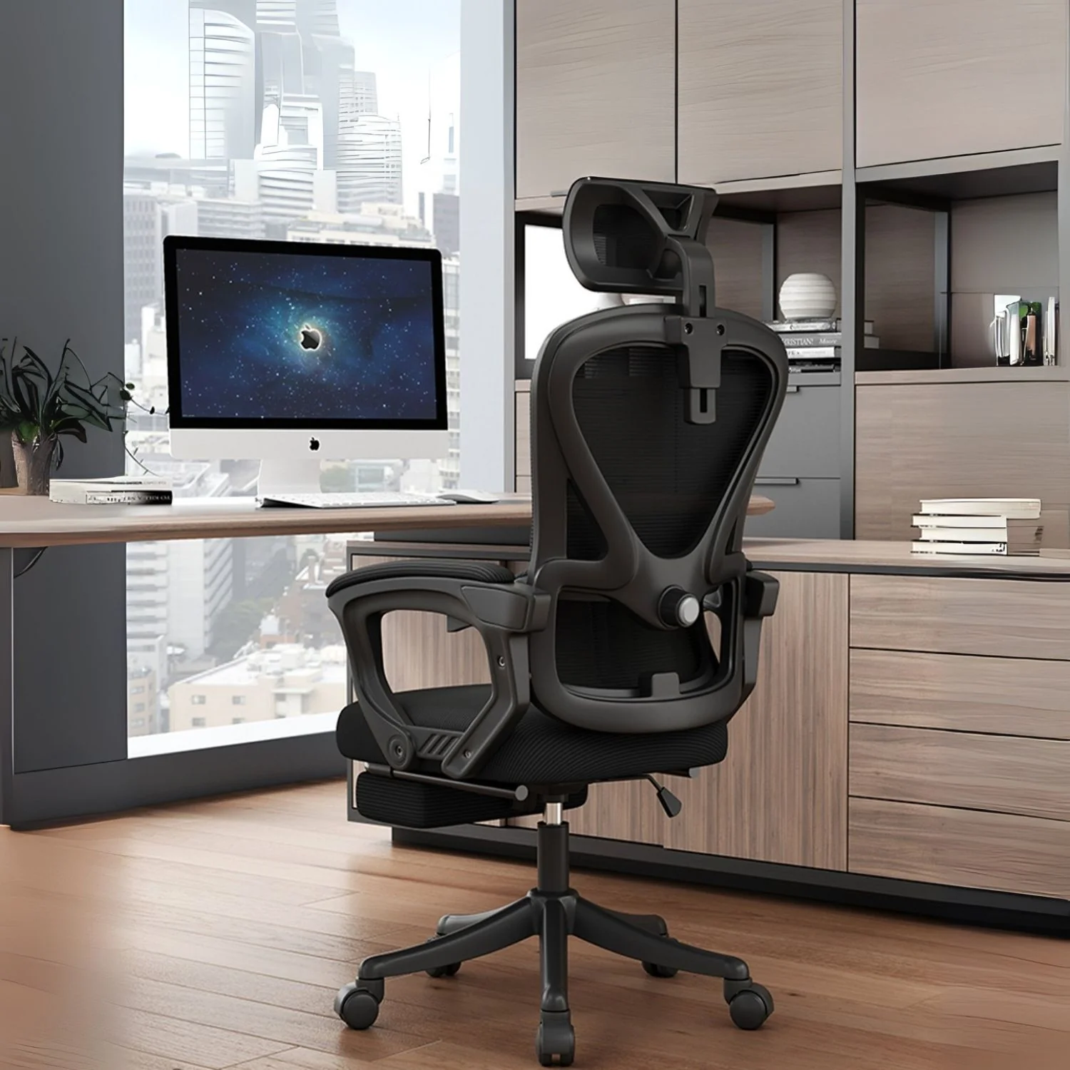 Silla De Oficina Ergonómica Negra Con Respaldo De Malla Y Apoyabrazos Fijo Sin Reposapiés. Silla Cómoda Para Escritorio
