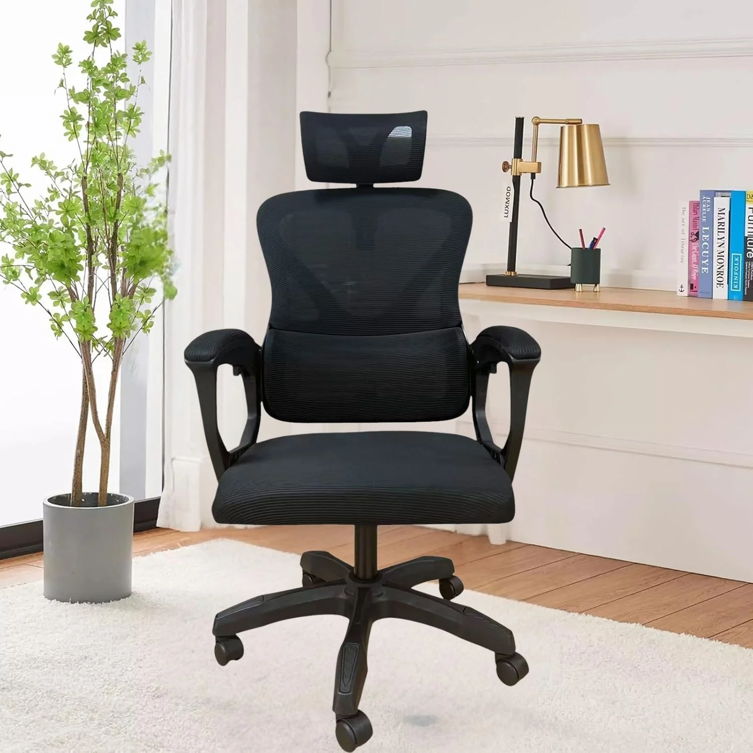 Silla De Oficina Ergonómica Negra Con Respaldo De Malla Y Apoyabrazos Fijo Sin Reposapiés. Silla Cómoda Para Escritorio - Image 2