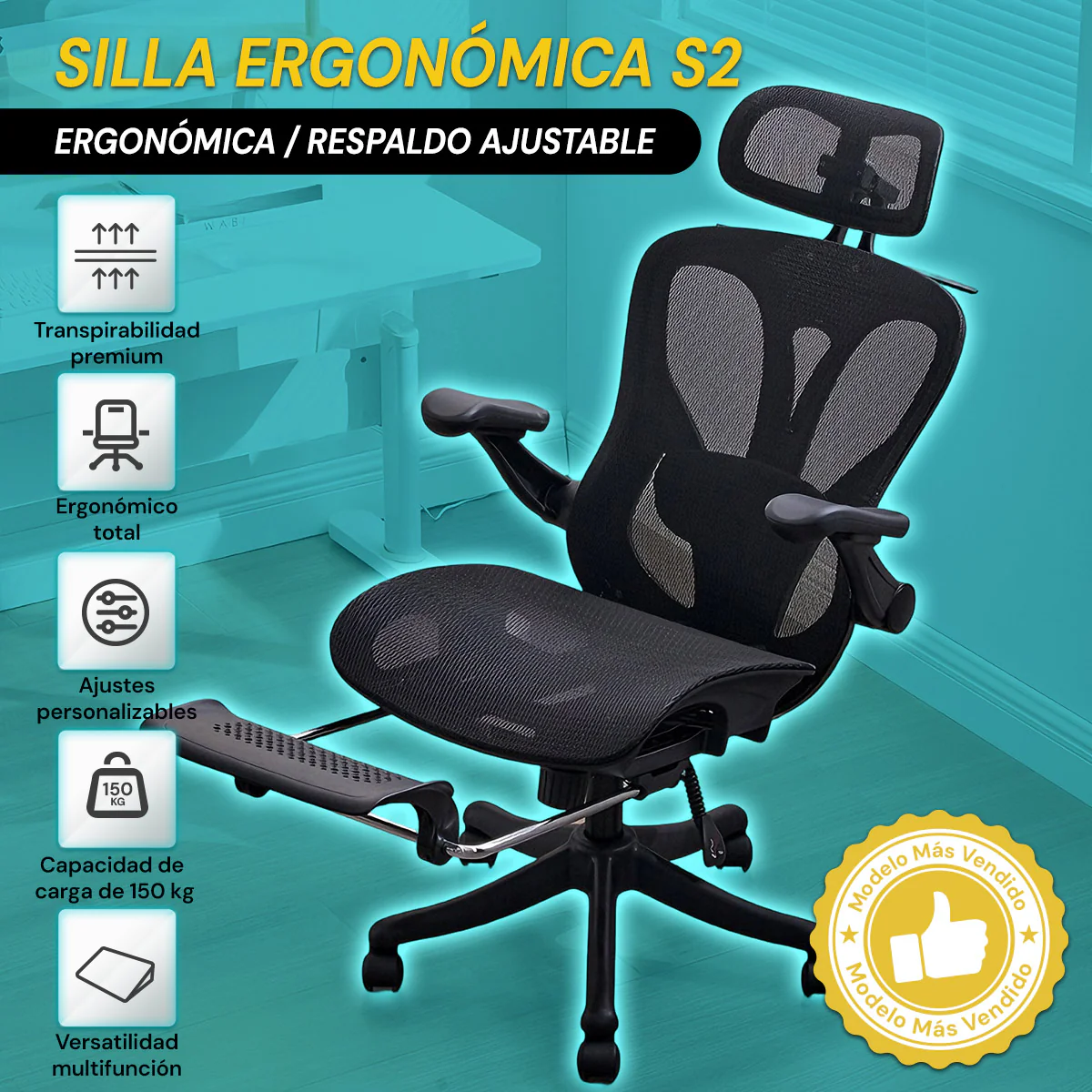 Silla Ergonómica De Oficina Con Reposapiés Y Reposacabezas, Respaldo Reclinable Y Asiento Anatómico. Silla De Escritorio Con Malla Transpirable. Color Negro - Image 2