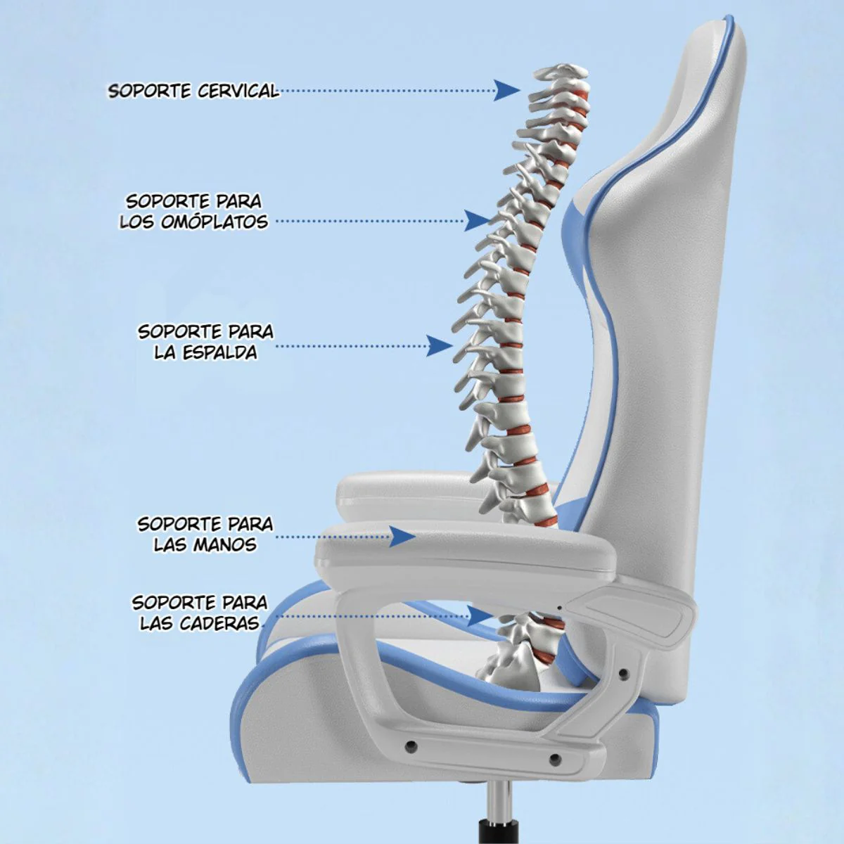 Silla Gamer Ergonómica Azul Y Blanca. Silla De Oficina Reclinable Con Reposapiés Extensible. - Image 3