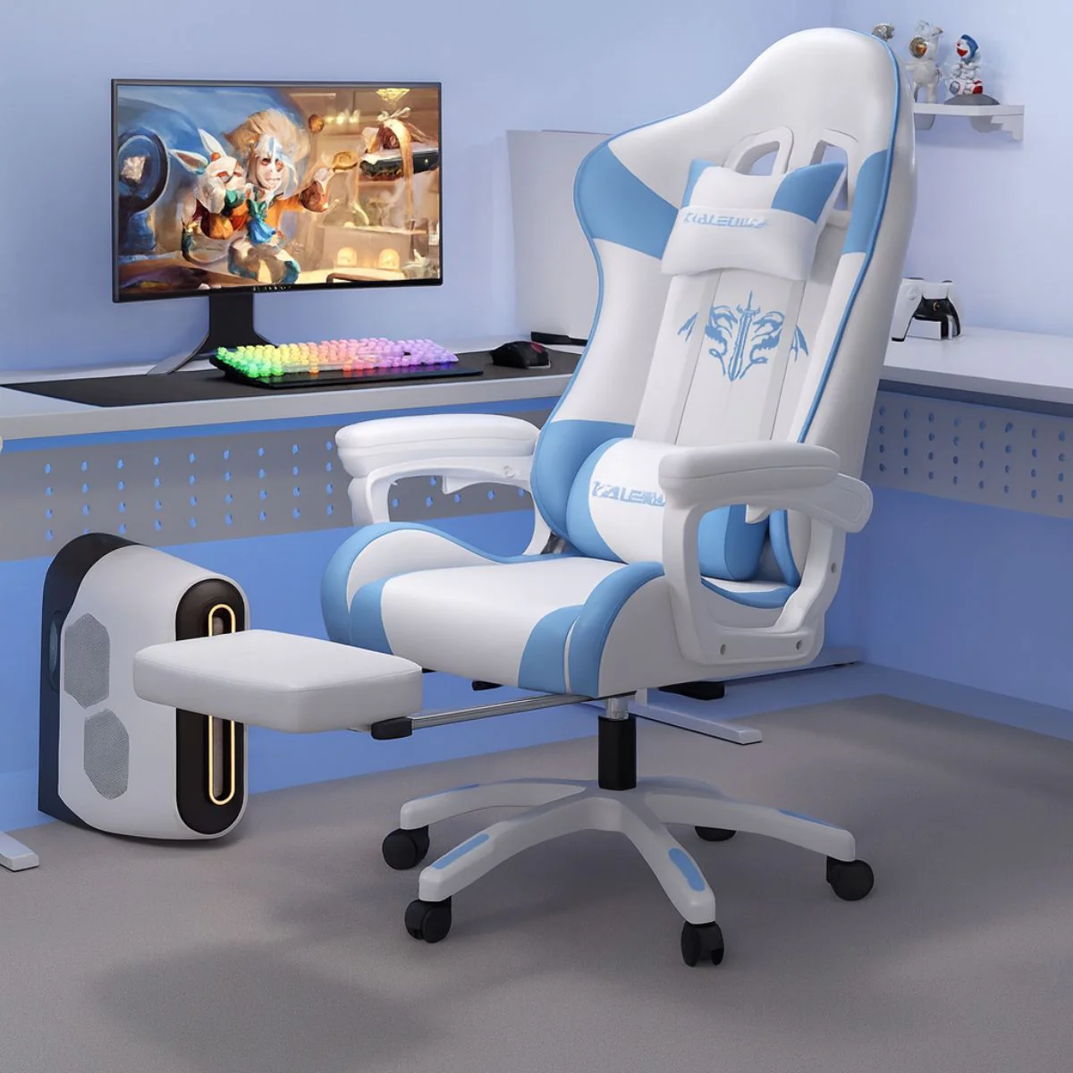 Silla Gamer Ergonómica Azul Y Blanca. Silla De Oficina Reclinable Con Reposapiés Extensible. - Image 4