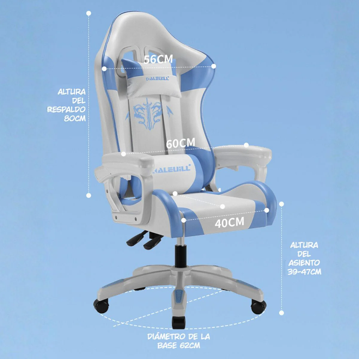 Silla Gamer Ergonómica Azul Y Blanca. Silla De Oficina Reclinable Con Reposapiés Extensible. - Image 5