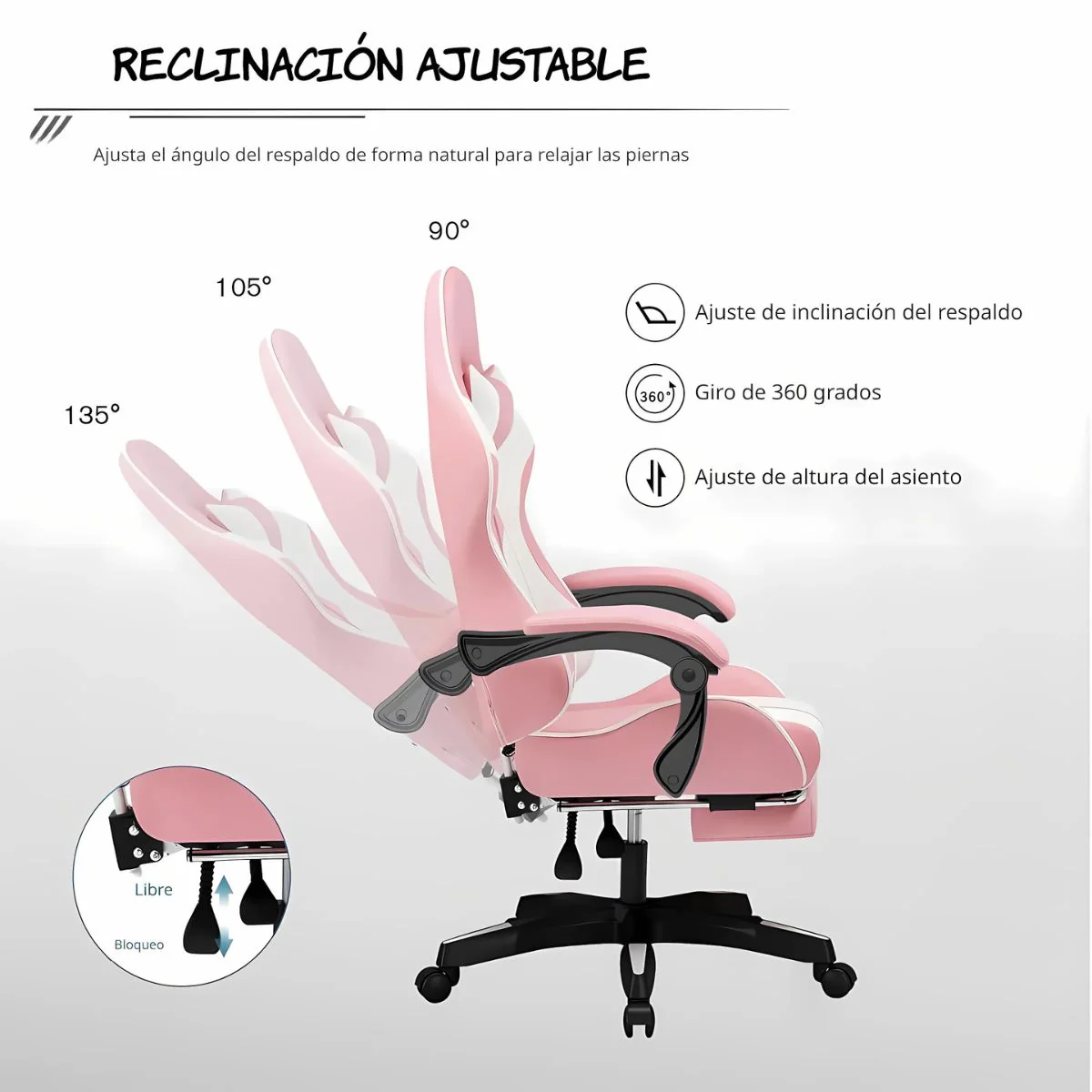 Silla Gamer Ergonómica Rosa. Silla De Oficina Con Respaldar Reclinable 135°. Cojines De Apoyo Y Reposabrazos Articulados. - Image 3