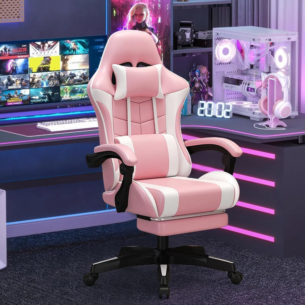 Silla Gamer Ergonómica Rosa. Silla De Oficina Con Respaldar Reclinable 135°. Cojines De Apoyo Y Reposabrazos Articulados. - Image 6