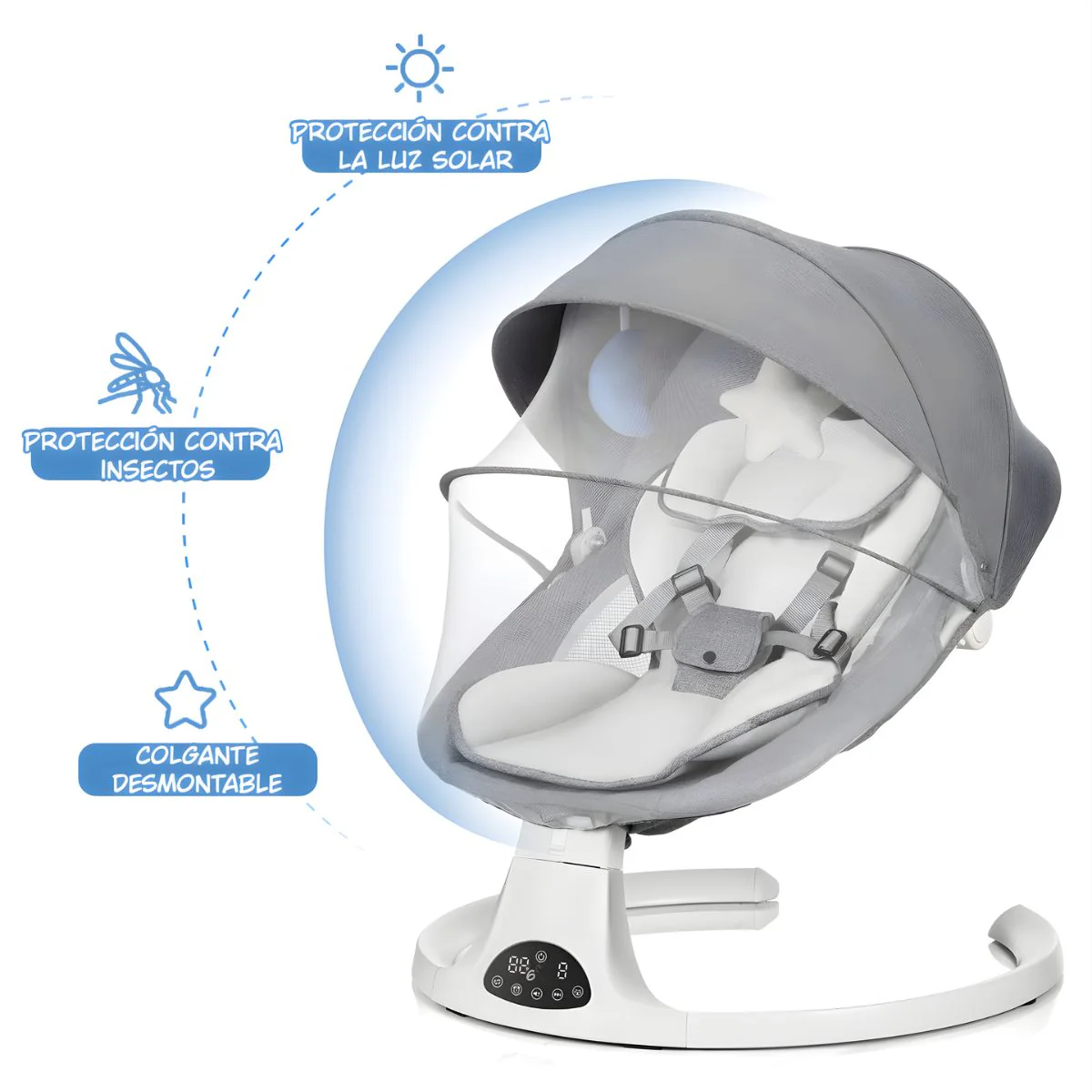 Silla Mecedora Para Bebé Con Mando A Distancia Y  Bluetooth. Hamaca Infantil Con Mosquitero Y Bandeja Para Comer Desmontable. Color Gris. - Image 2