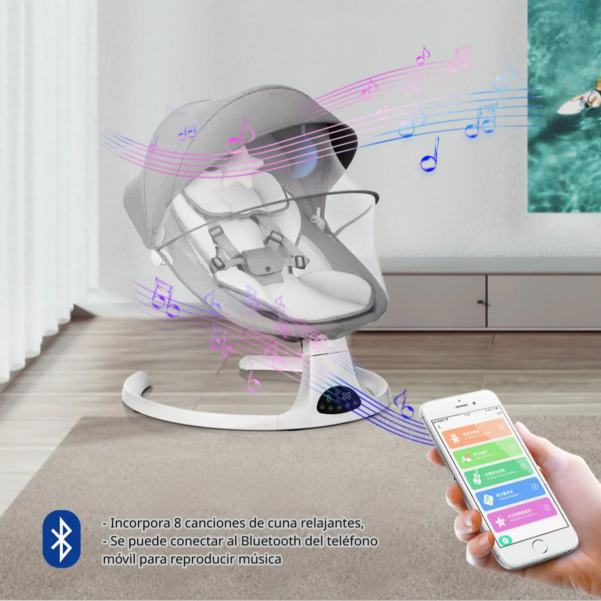 Silla Mecedora Para Bebé Con Mando A Distancia Y  Bluetooth. Hamaca Infantil Con Mosquitero Y Bandeja Para Comer Desmontable. Color Gris. - Image 3