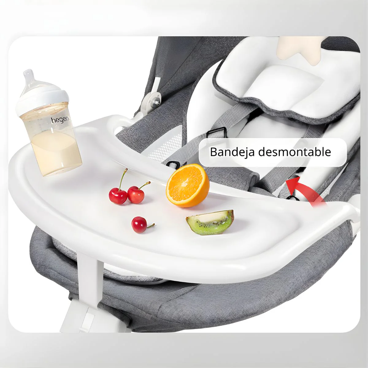 Silla Mecedora Para Bebé Con Mando A Distancia Y  Bluetooth. Hamaca Infantil Con Mosquitero Y Bandeja Para Comer Desmontable. Color Gris. - Image 4