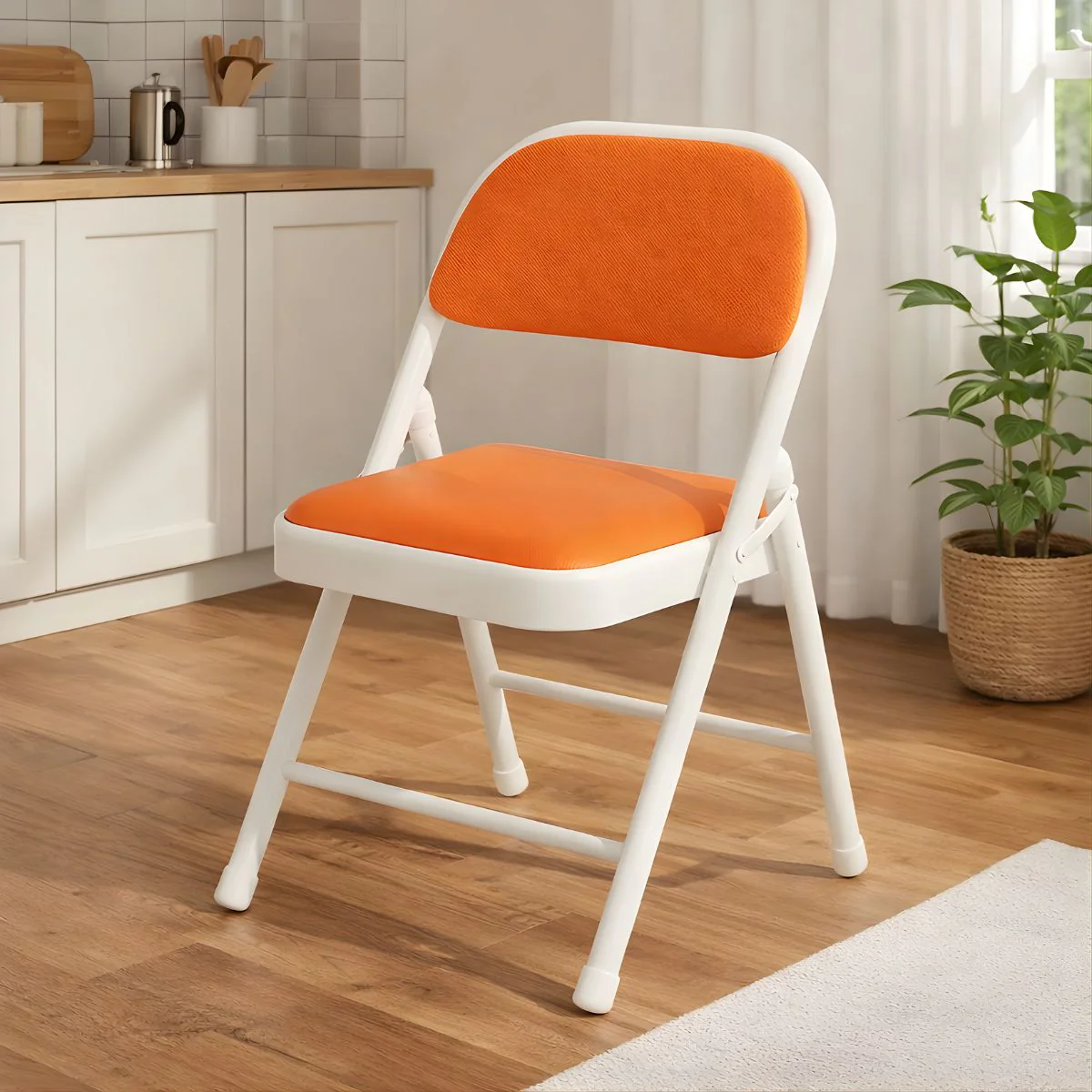 Silla Metálica Plegable Reforzada En Acero (79×45×45Cm). Marco Blanco Y Asiento Naranja. Esponja De Doble Capa Y Revestimiento PU (Eco-Cuero).