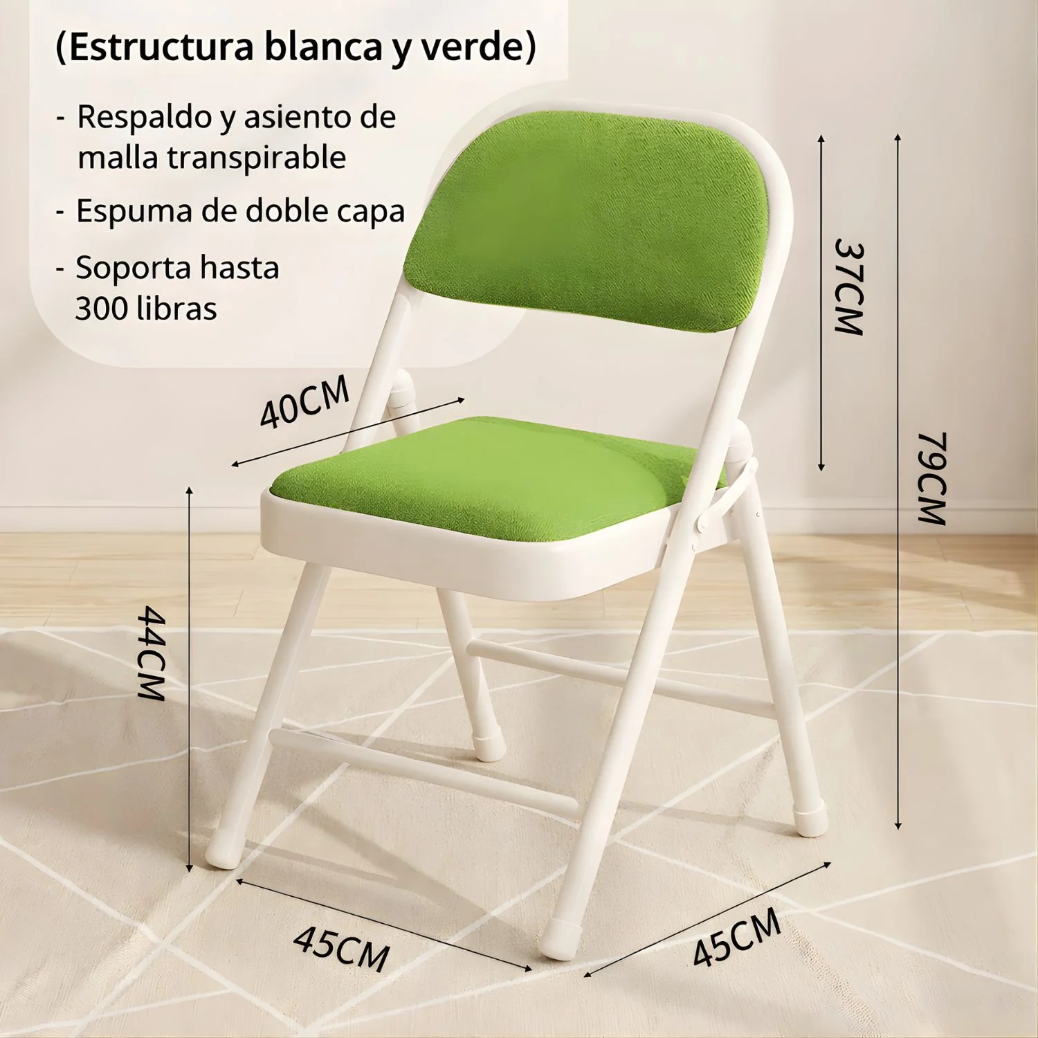 Silla Plegable Reforzada En Acero (79×45×45Cm). Marco Blanco Y Asiento Verde De Malla Transpirable. Soporta Hasta 150Kg. - Image 2