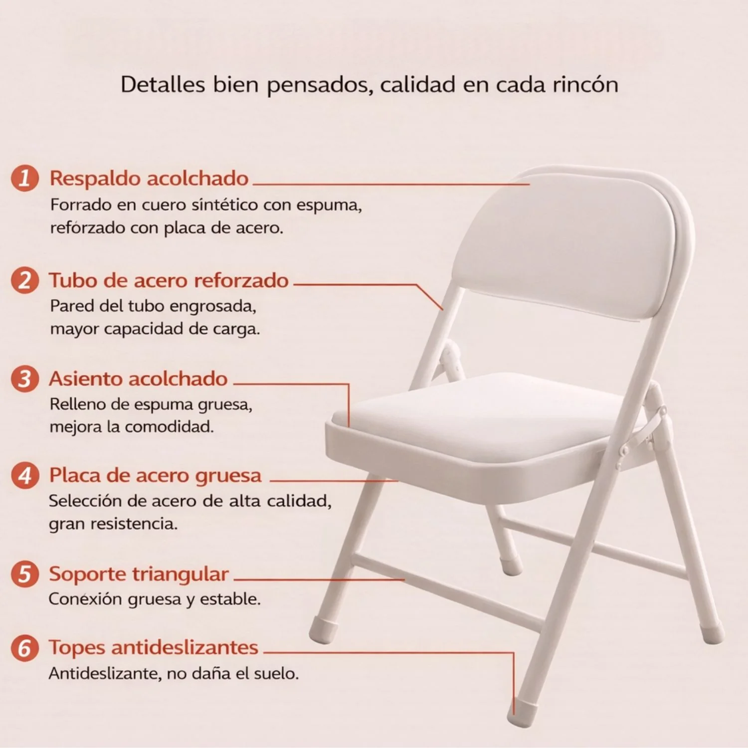 Silla Plegable Reforzada En Metal (79×44×45Cm). Marco Blanco Y Asiento En Cuerina Acolchada. Soporta Hasta 150Kg. - Image 2