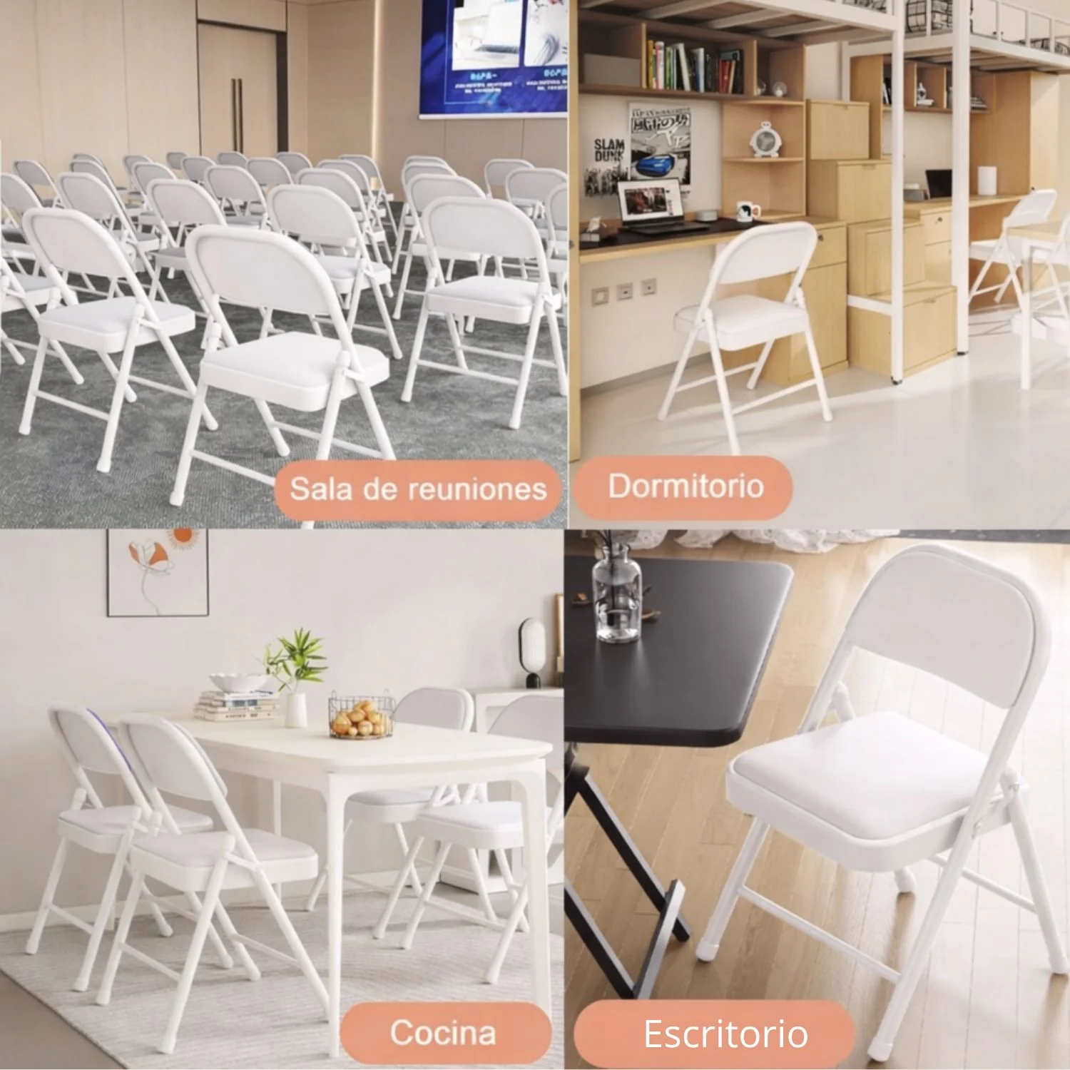 Silla Plegable Reforzada En Metal (79×44×45Cm). Marco Blanco Y Asiento En Cuerina Acolchada. Soporta Hasta 150Kg. - Image 5