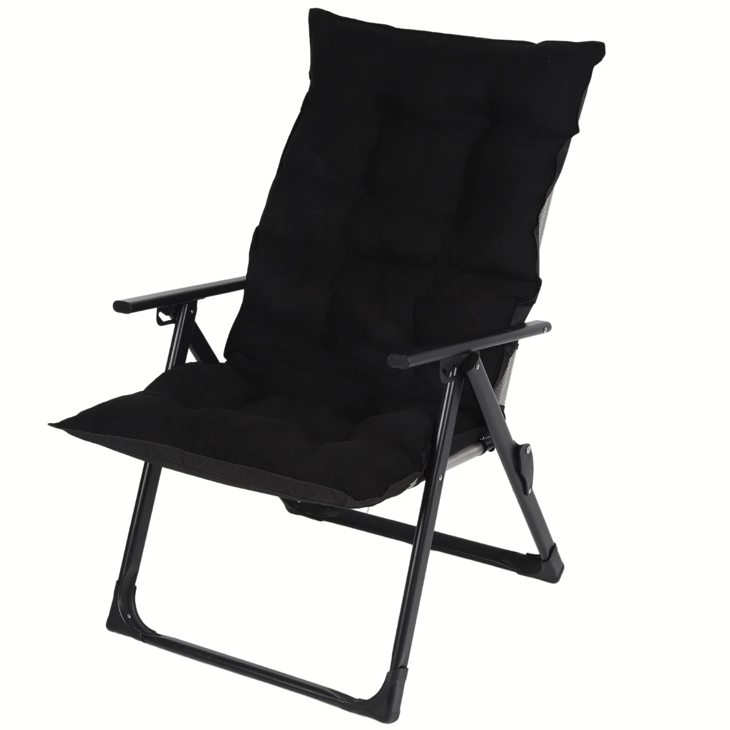 Silla Reclinable Acolchada De Tela Teslin Con Reposabrazos Con Estructura De Acero 60X100x50 Cm Color Negro. Ideal Para Playa, Camping, Excursión, Picnic.