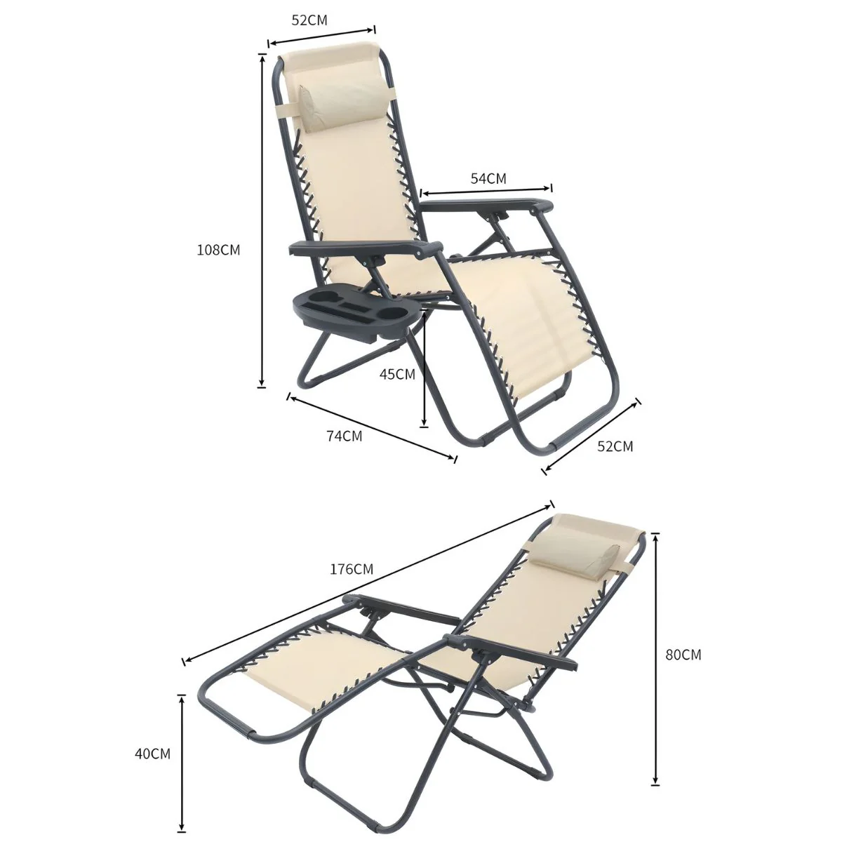Silla Reclinable Plegable Para Exteriores Con Cojín Y Portavasos. Ideal Para Terraza, Jardín O Camping. Color Crema. - Image 6