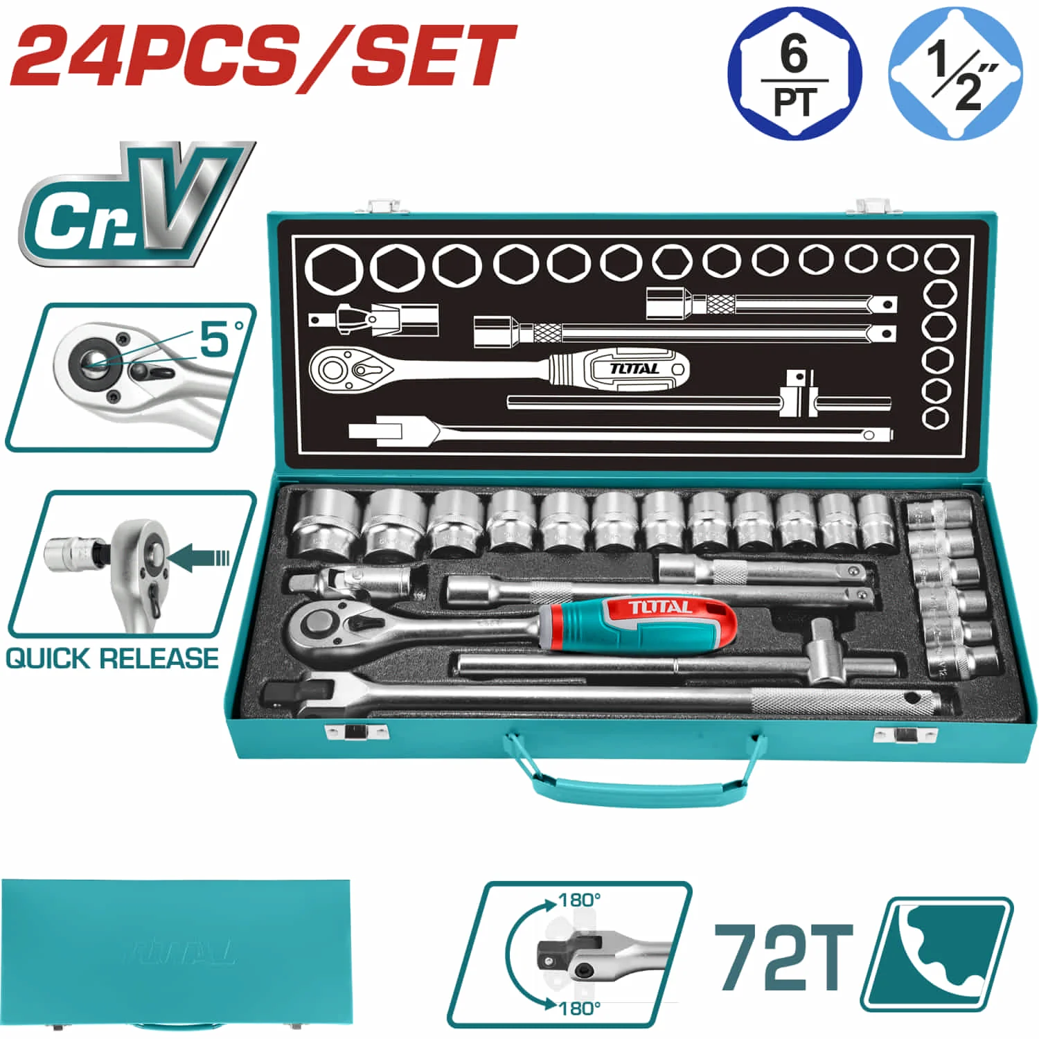 Socket Ratchet 1/2". Set De 24 Piezas. Cr-V. Incluye: Sockets,Barras De Extensión, Barra T. Térmico. 24 Dados Juego Combo Maletin - Image 2