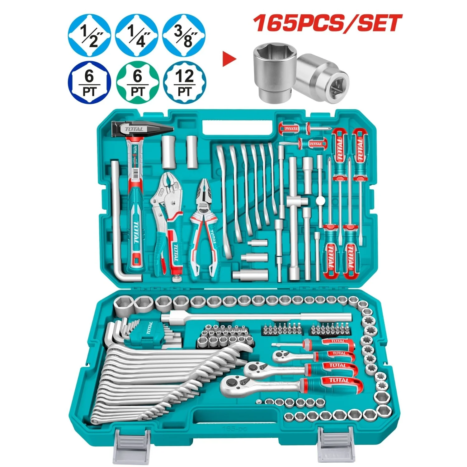 Sockets Dados 165 Piezas Variadas En Maletín. (Destornilladores, Dados,Ratchet) En Juego Kit 1/4", 3/8" Y 1/2".
