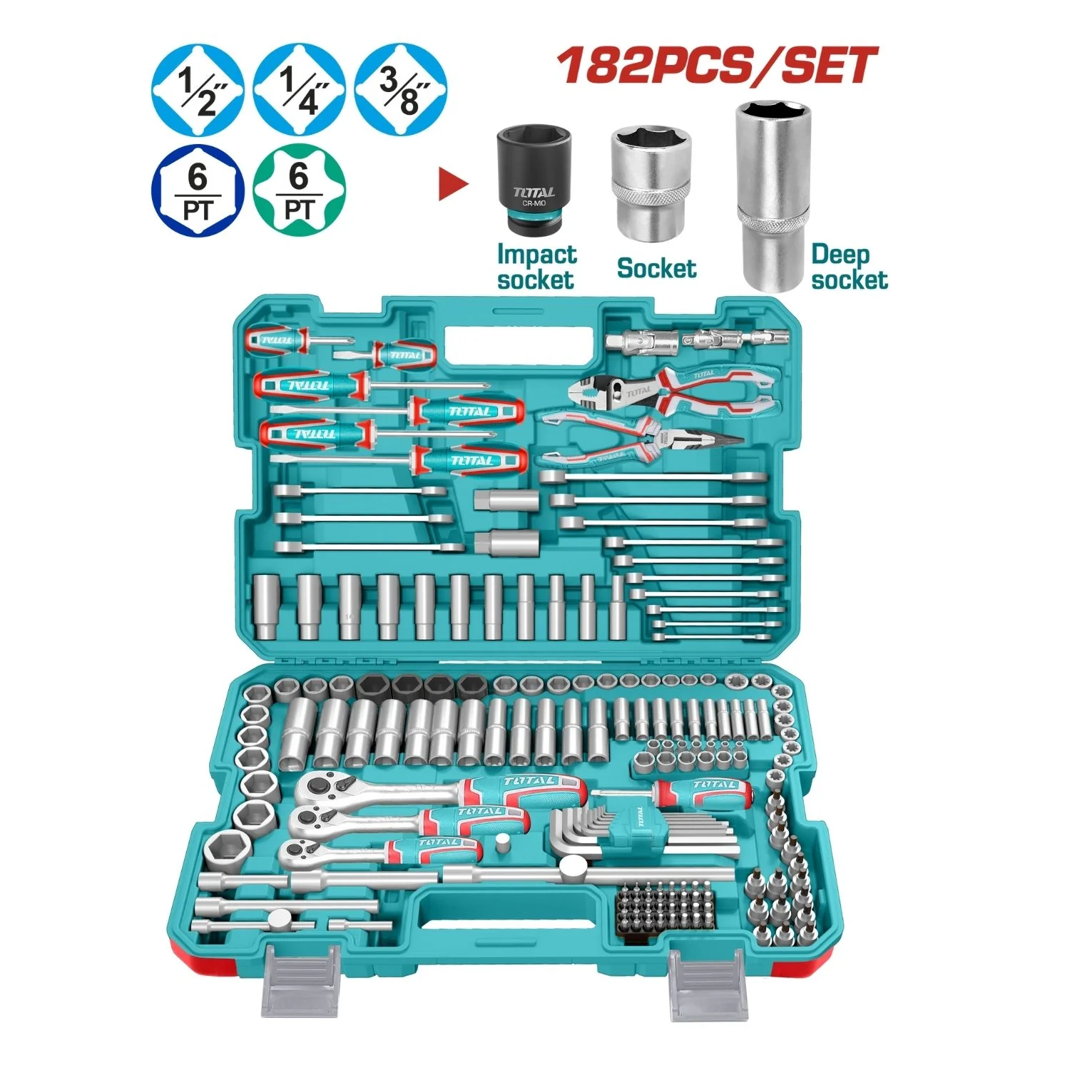 Sockets Dados Ratchet 182 Piezas Variadas En Maletín. (Llaves, Barras, Adaptador, Mangos) En Juego Kit 1/4", 3/8" Y 1/2"