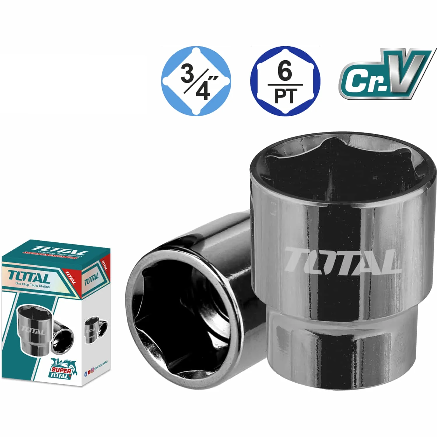 Sockets Dados Hexagonales 3/4" Cr-V Con Tratamiento Térmico 6Pts. Milimétricos