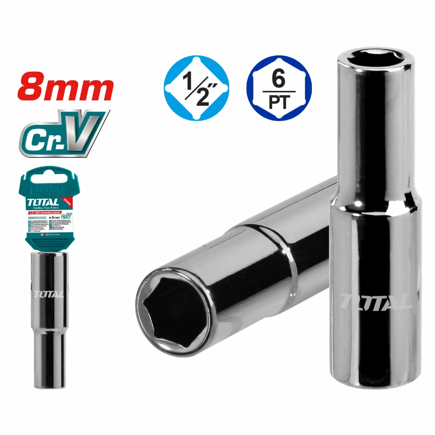 Sockets Largos De 6Pts Hexagonales 1/2". Material: 50BV30, Tratamiento Térmico, Niquelado Negro