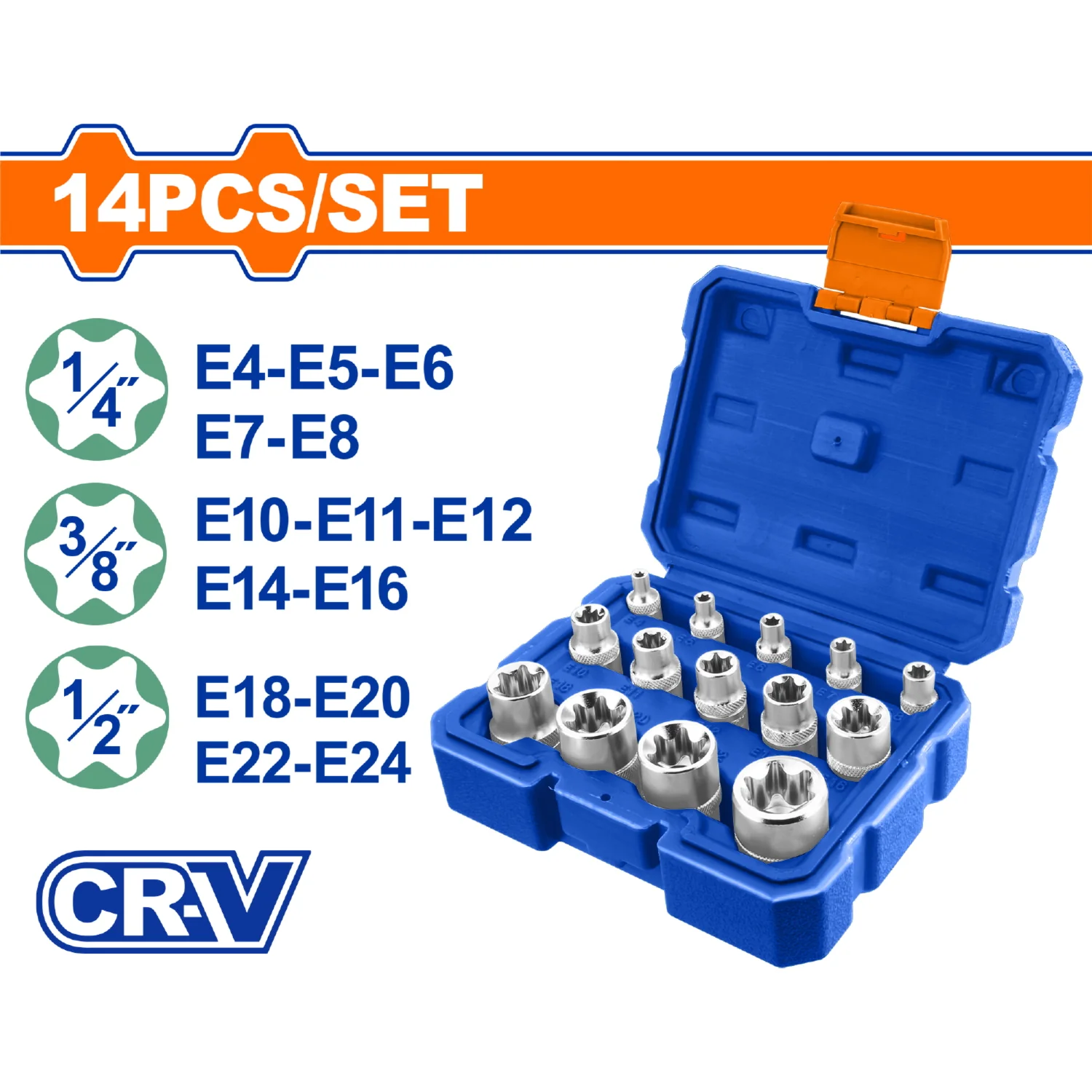 Sockets Para Ratchet Tipo E 1/4", 3/8", 1/2" Cr-V Tratamiento Térmico. Cromado. Juego 14 Piezas. - Image 2