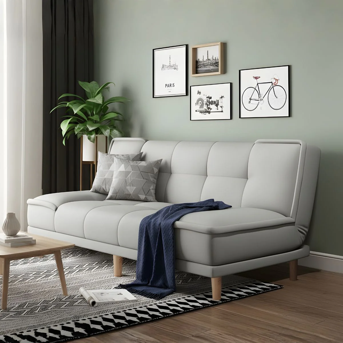 Sofá Cama De 2 Metros En Gris Claro. Respaldo Ajustable. Material Impermeable Y Antiarañazos. Sillón Convertible En Cama Para Cuatro Personas.