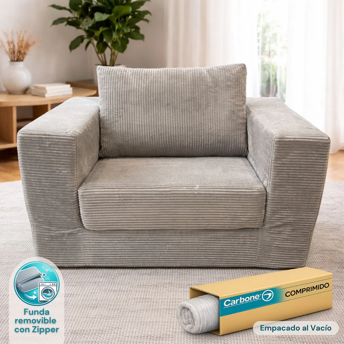 Sofá Empacado Al Vacio Memory Foam De Alta Densidad 124X84x70cm Color Gris Claro