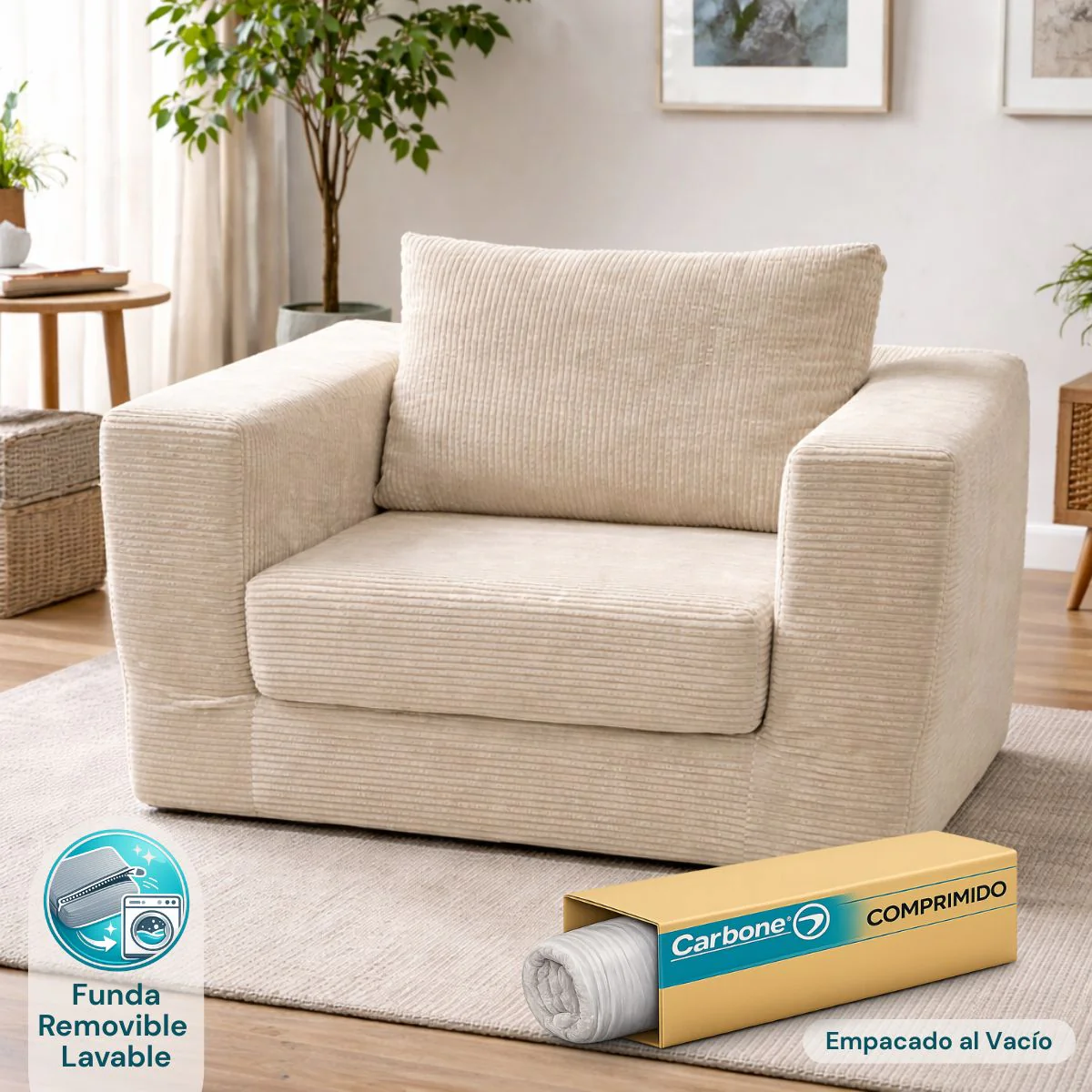 Sofá Empacado Al Vacio Memory Foam De Alta Densidad 124X84x70cm Color Beige Claro